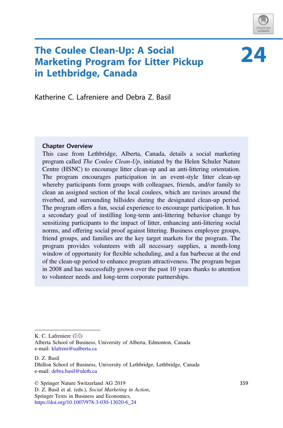 The Coulee Clean-Up: A Social Marketing Program for Litter Pickup in Lethbridge, Canada by Katherine C. Lafreniere & Debra Z. Basil