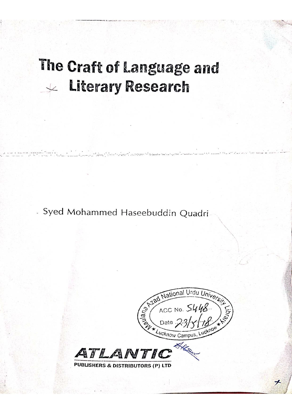 The Craft of Language and Literary Research by Syed Mohammed Haseebuddin Quadri