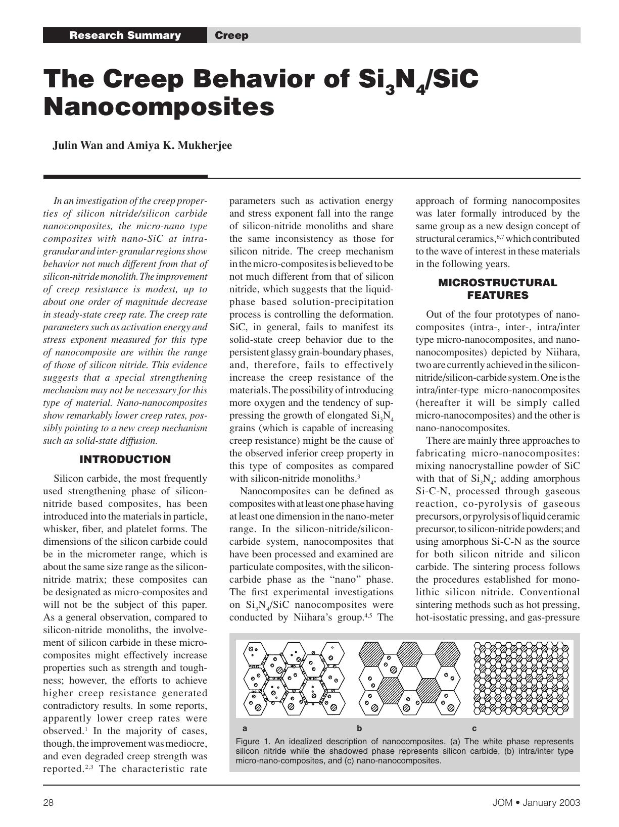 The Creep Behavior of Si3N4Sic Nanocomposites by Julin Wan and Amiya K. Mukherjee