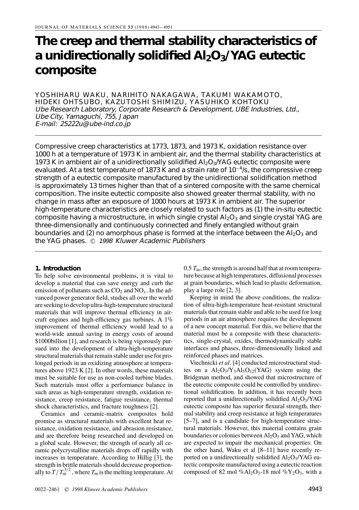 The Creep and Thermal Stability Characteristics of a Unidirectionally Solidified Al2O3YAG Eutectic Composite by Unknown