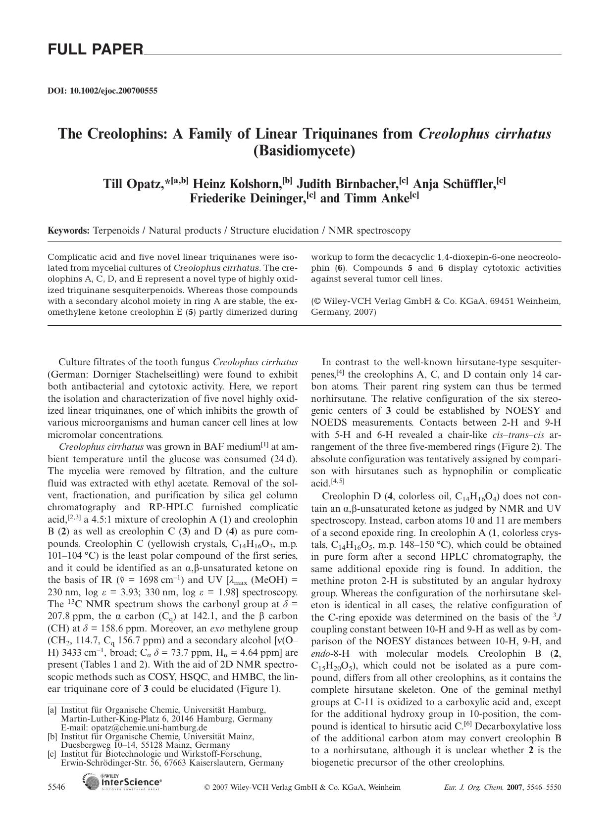 The Creolophins: A Family of Linear Triquinanes from Creolophus cirrhatus (Basidiomycete) by Unknown