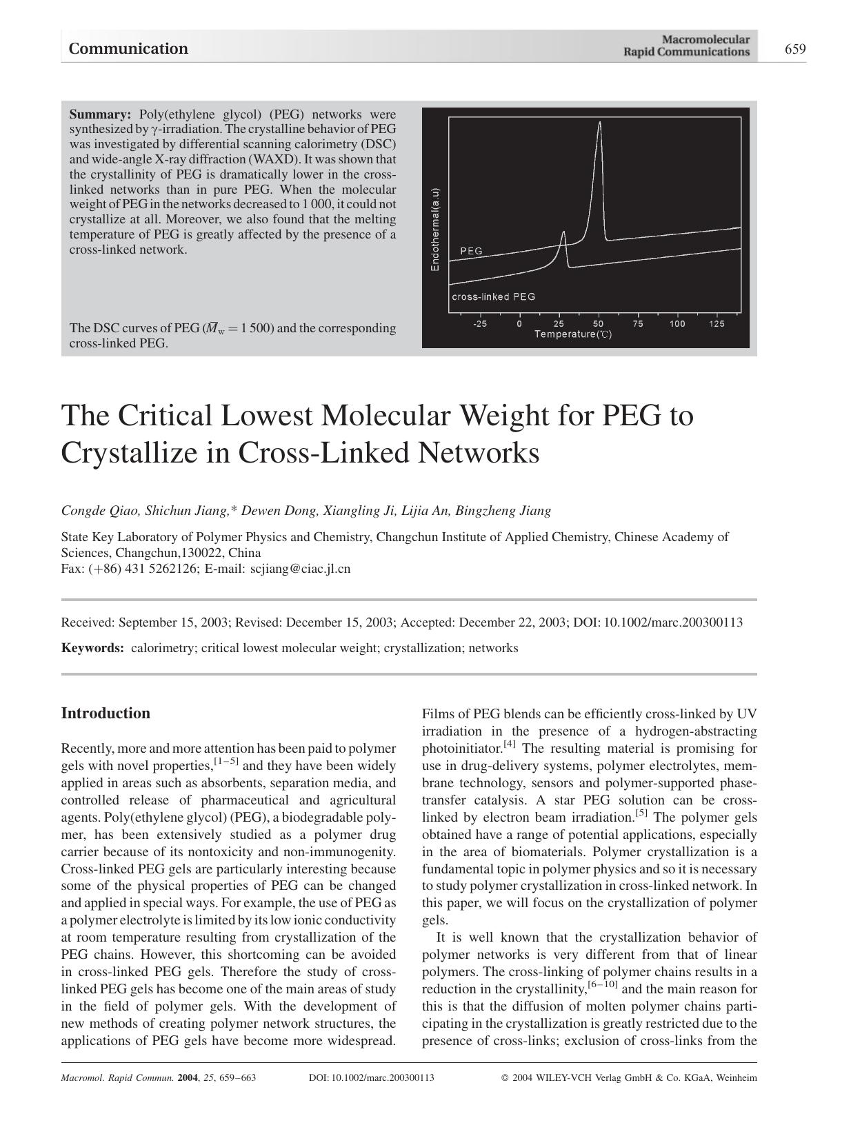 The Critical Lowest Molecular Weight for PEG to Crystallize in Cross-Linked Networks by Unknown