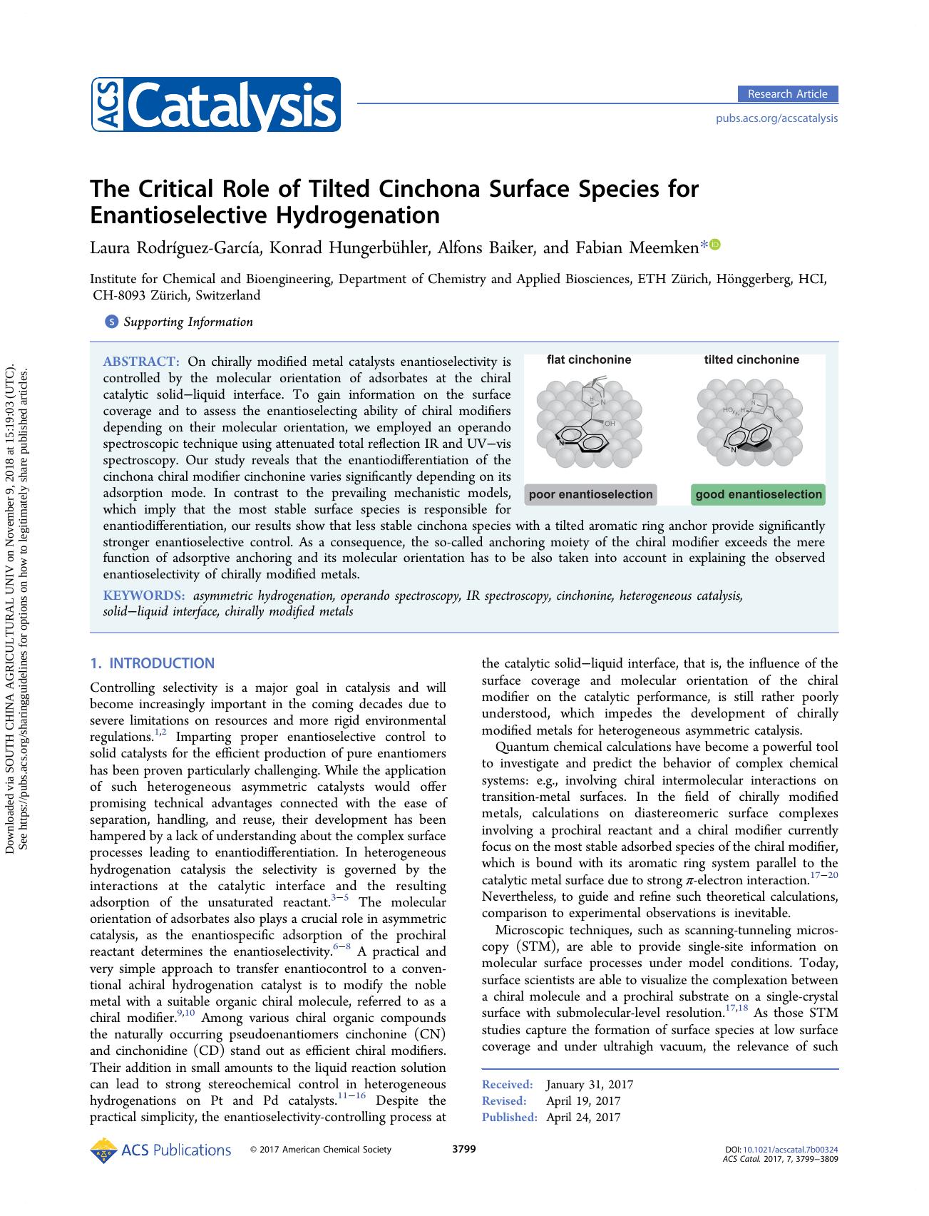 The Critical Role of Tilted Cinchona Surface Species for Enantioselective Hydrogenation by Laura Rodríguez-García Konrad Hungerbühler Alfons Baiker & Fabian Meemken