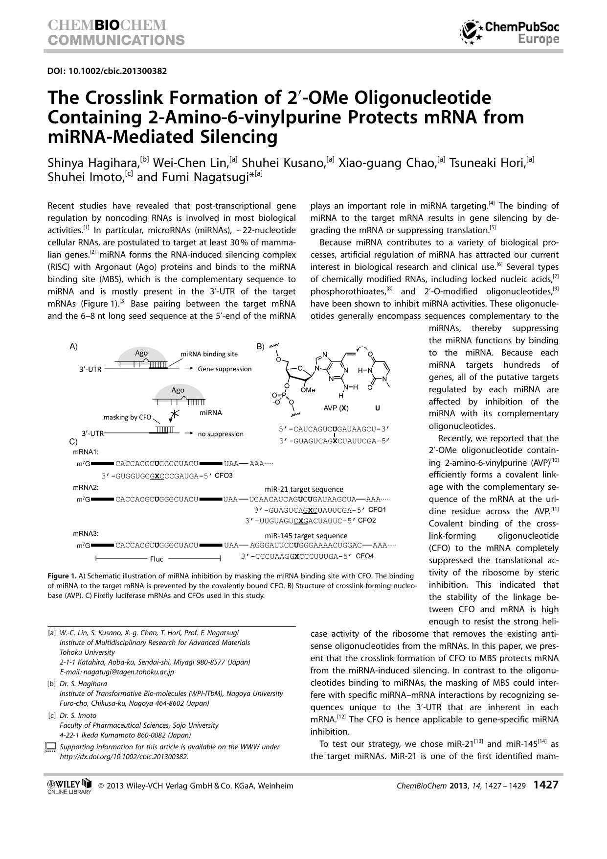 The Crosslink Formation of 2OMe Oligonucleotide Containing 2Amino6vinylpurine Protects mRNA from miRNAMediated Silencing by Unknown