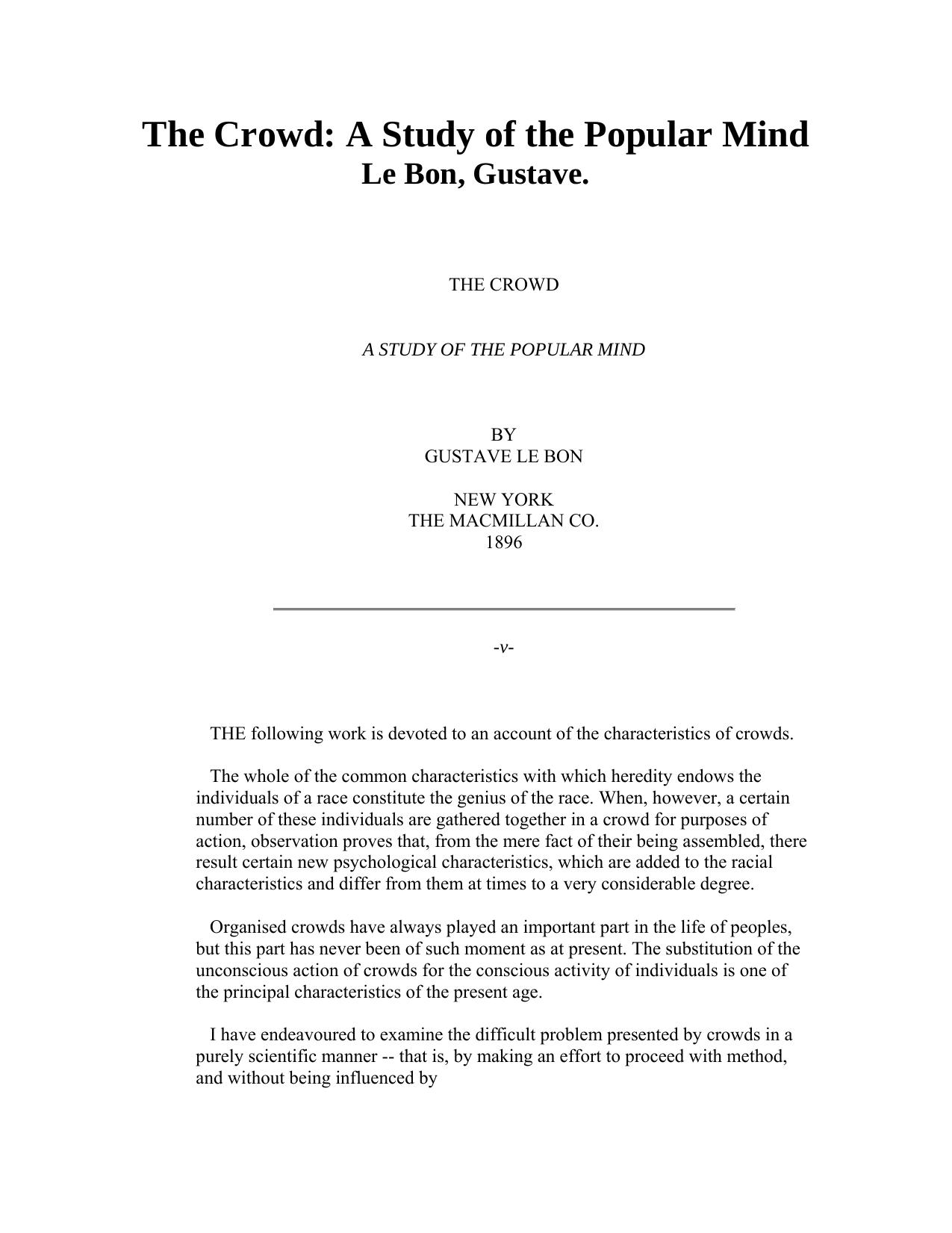 The Crowd: A Study of the Popular Mind by Gustave Le Bon
