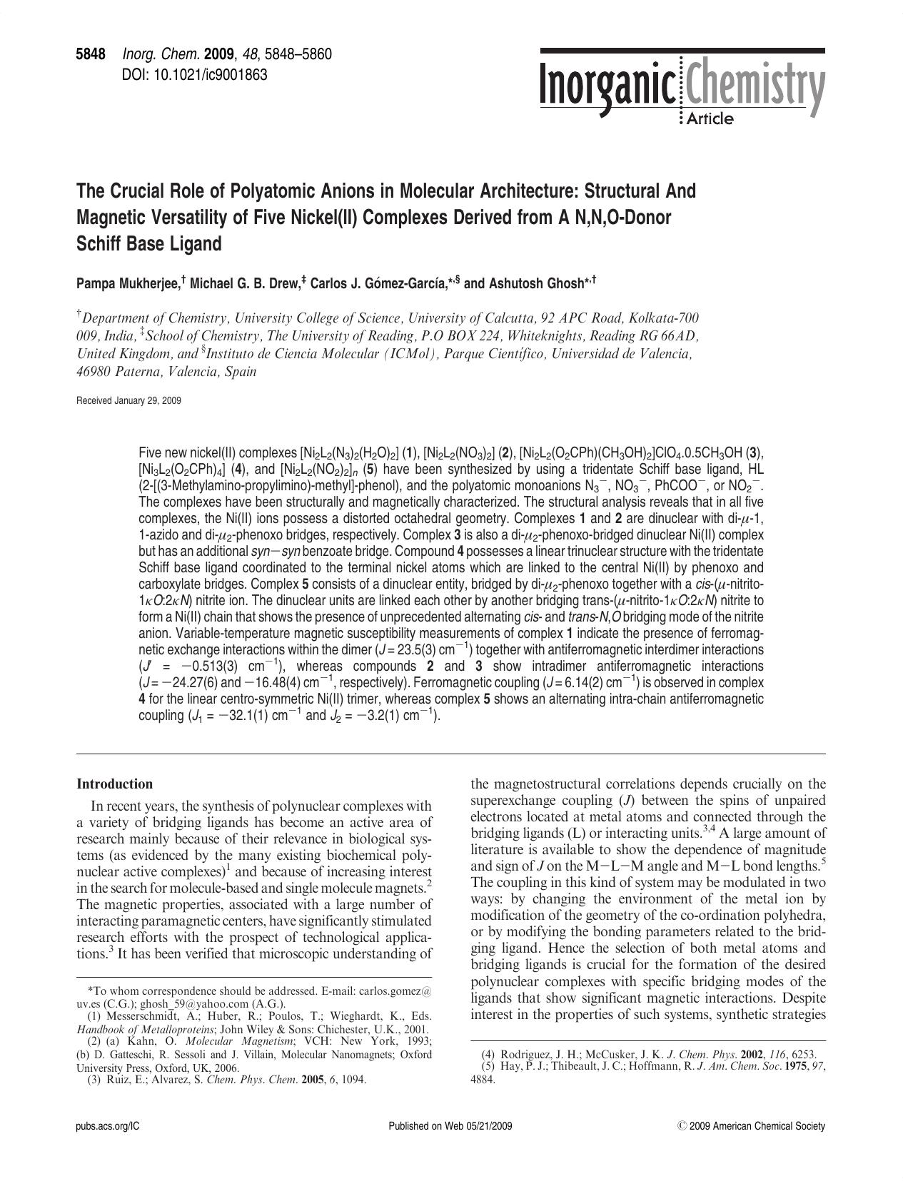 The Crucial Role of Polyatomic Anions in Molecular Architecture: Structural And Magnetic Versatility of Five Nickel(II) Complexes Derived from A N,N,O-Donor Schiff Base Ligand by unknow