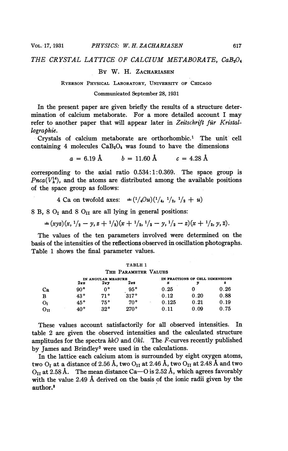 The Crystal Lattice of Calcium Metaborate by Zachariasen W. H