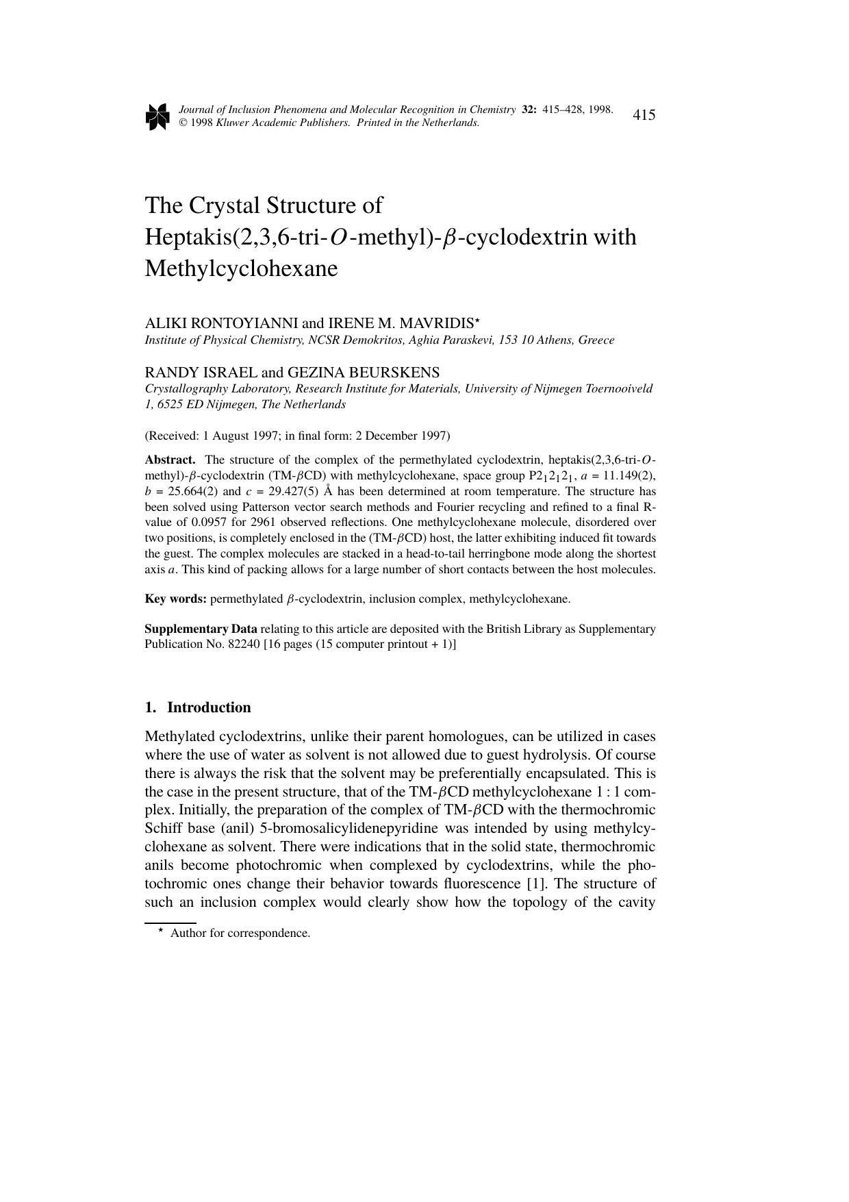 The Crystal Structure of Heptakis(2,3,6-tri-O-methyl)-β-cyclodextrin with Methylcyclohexane by Unknown