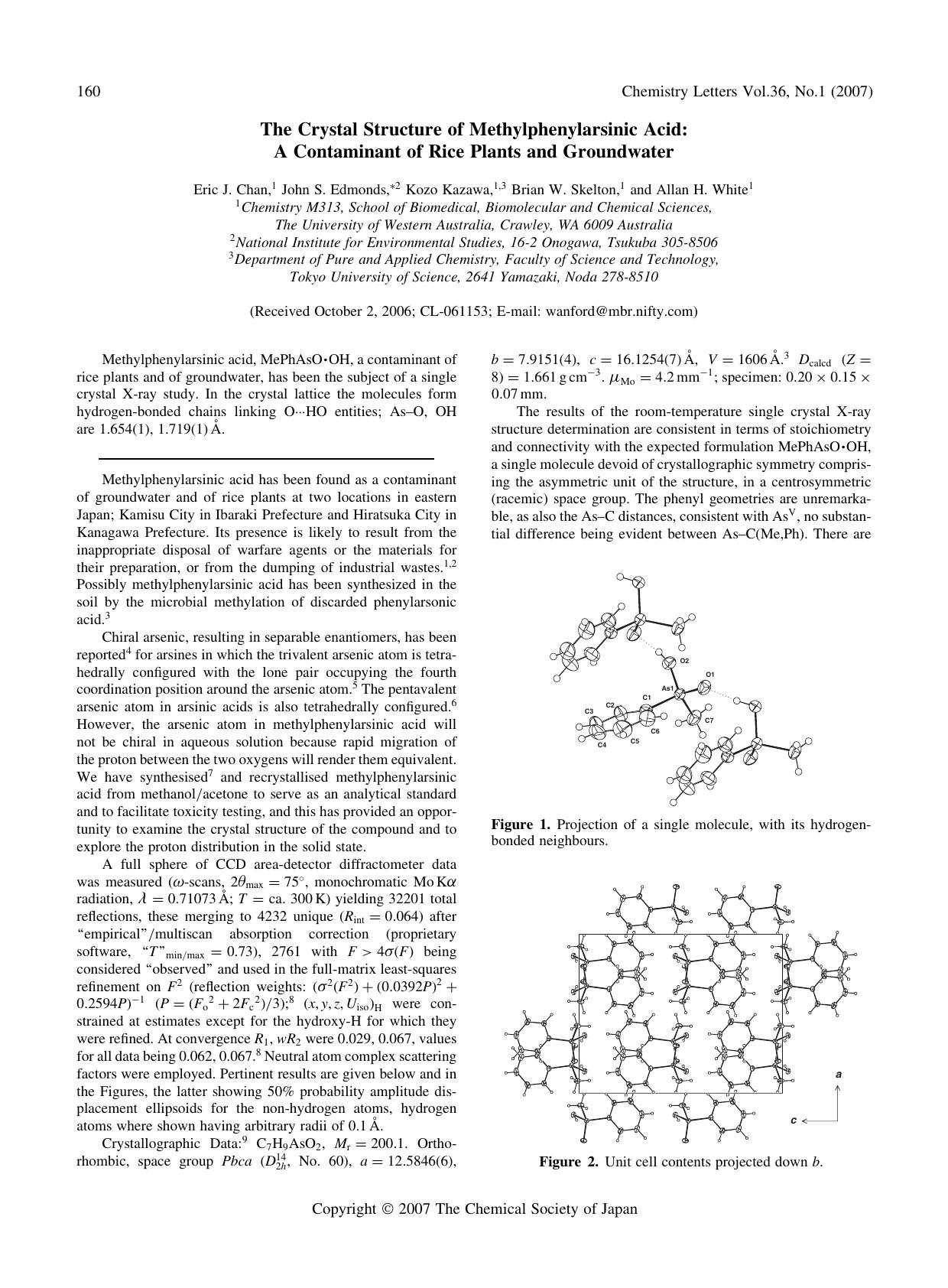 The Crystal Structure of Methylphenylarsinic Acid: A Contaminant of Rice Plants and Groundwater by Eric J. Chan John S. Edmonds Kozo Kazawa Brian W. Skelton and Allan H. White