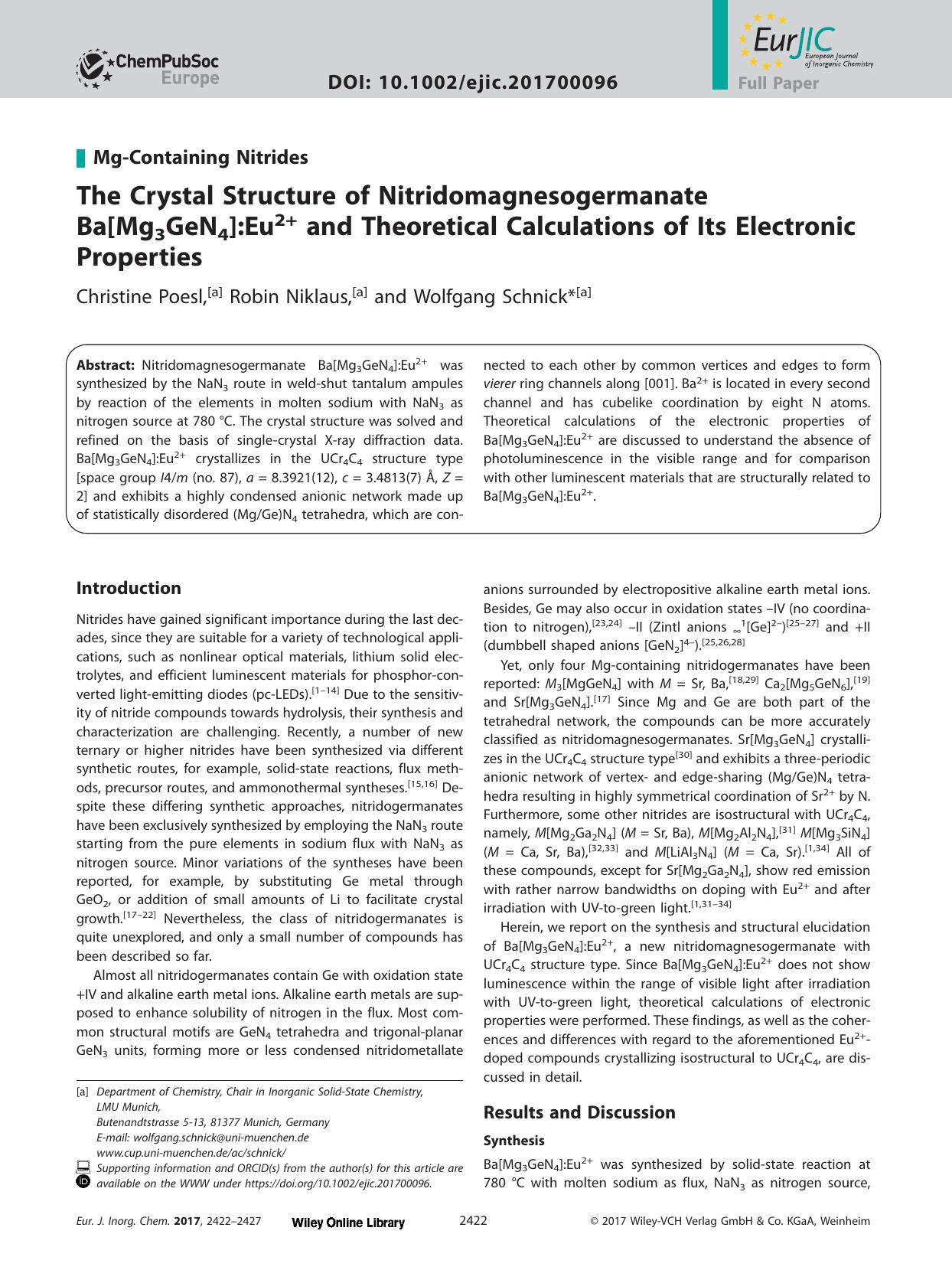 The Crystal Structure of Nitridomagnesogermanate Ba[Mg3GeN4]:Eu2+ and Theoretical Calculations of Its Electronic Properties by Unknown