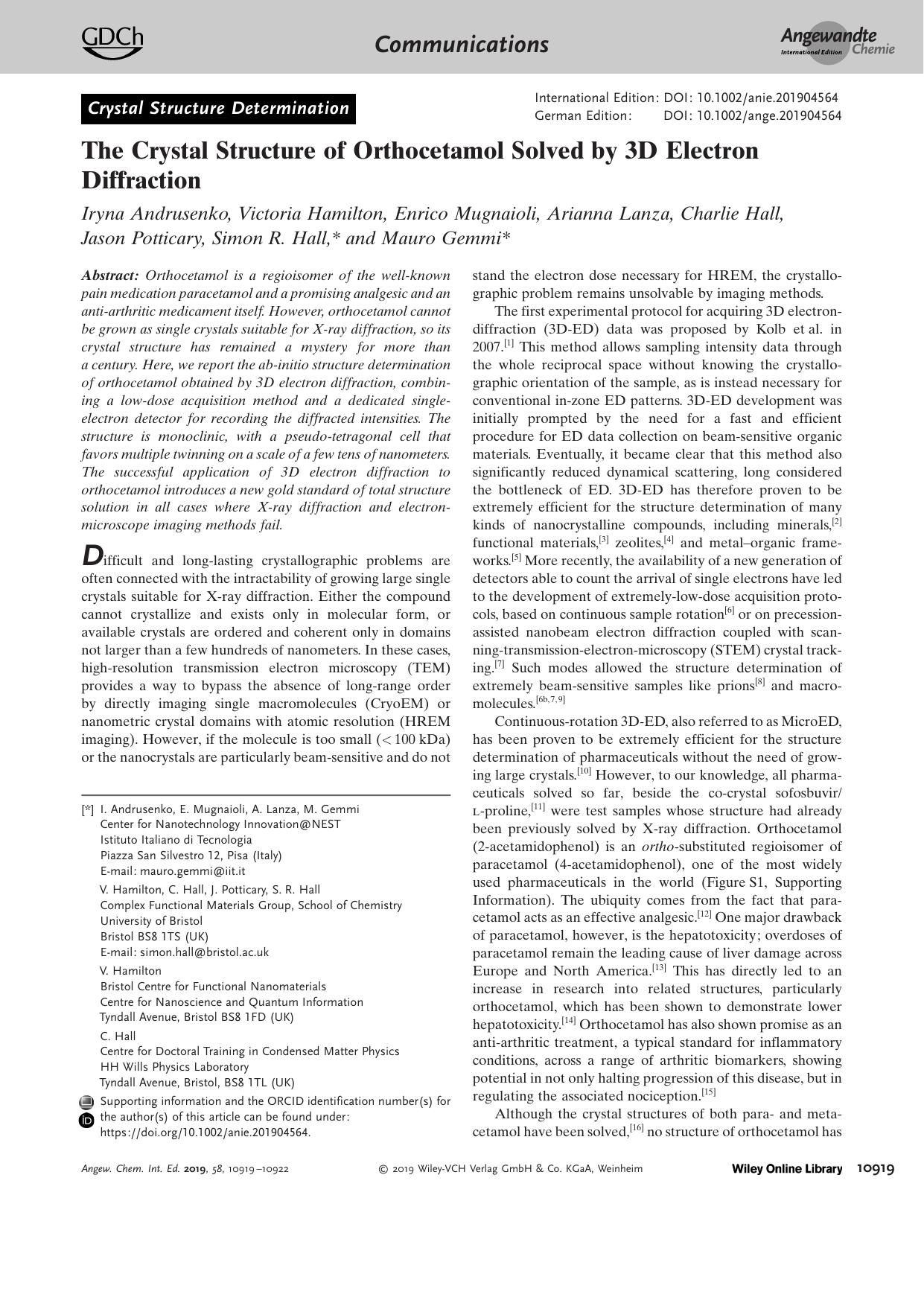 The Crystal Structure of Orthocetamol Solved by 3D Electron Diffraction by Unknown