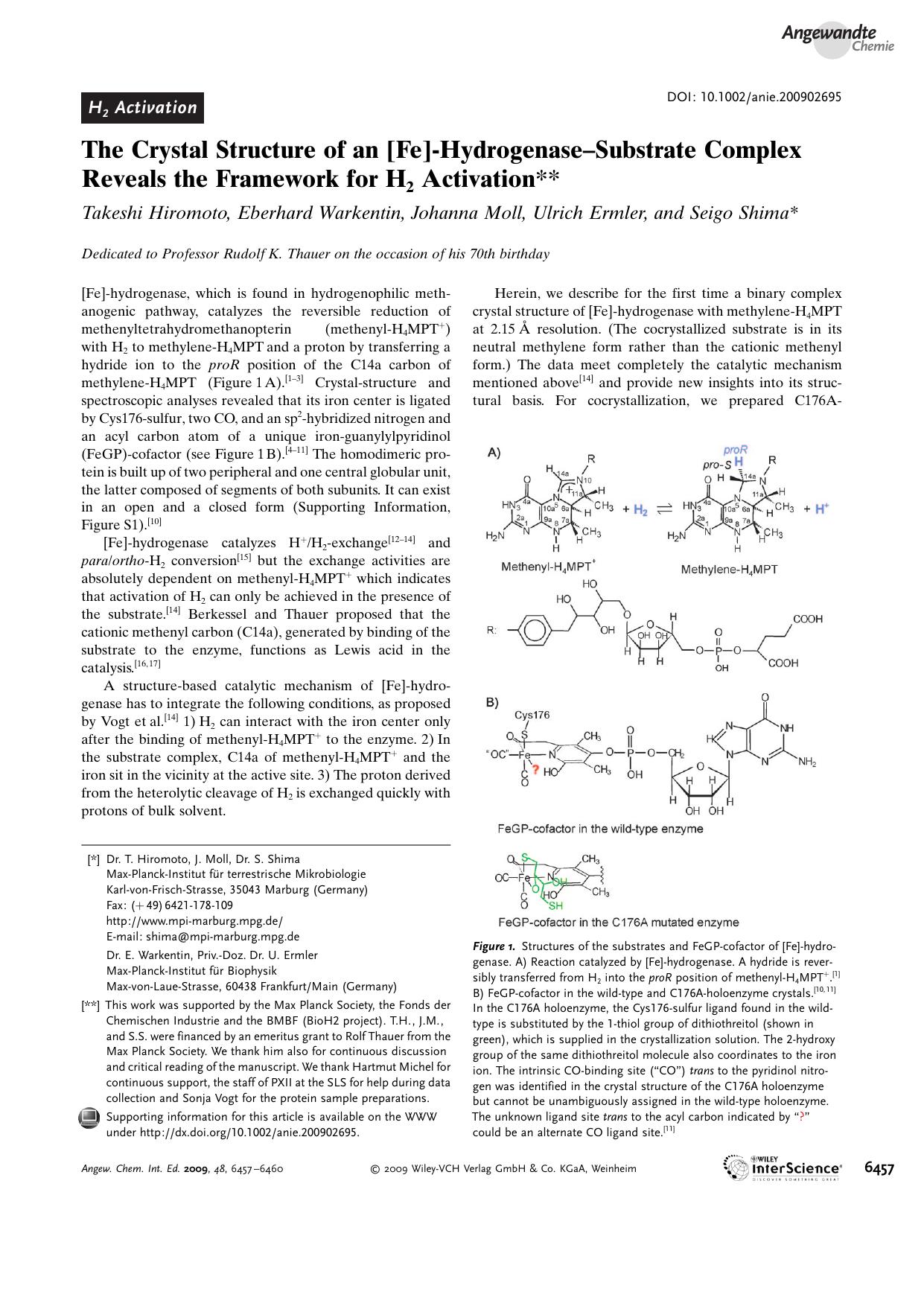 The Crystal Structure of an [Fe]-Hydrogenase-Substrate Complex Reveals the Framework for H2 Activation by Unknown