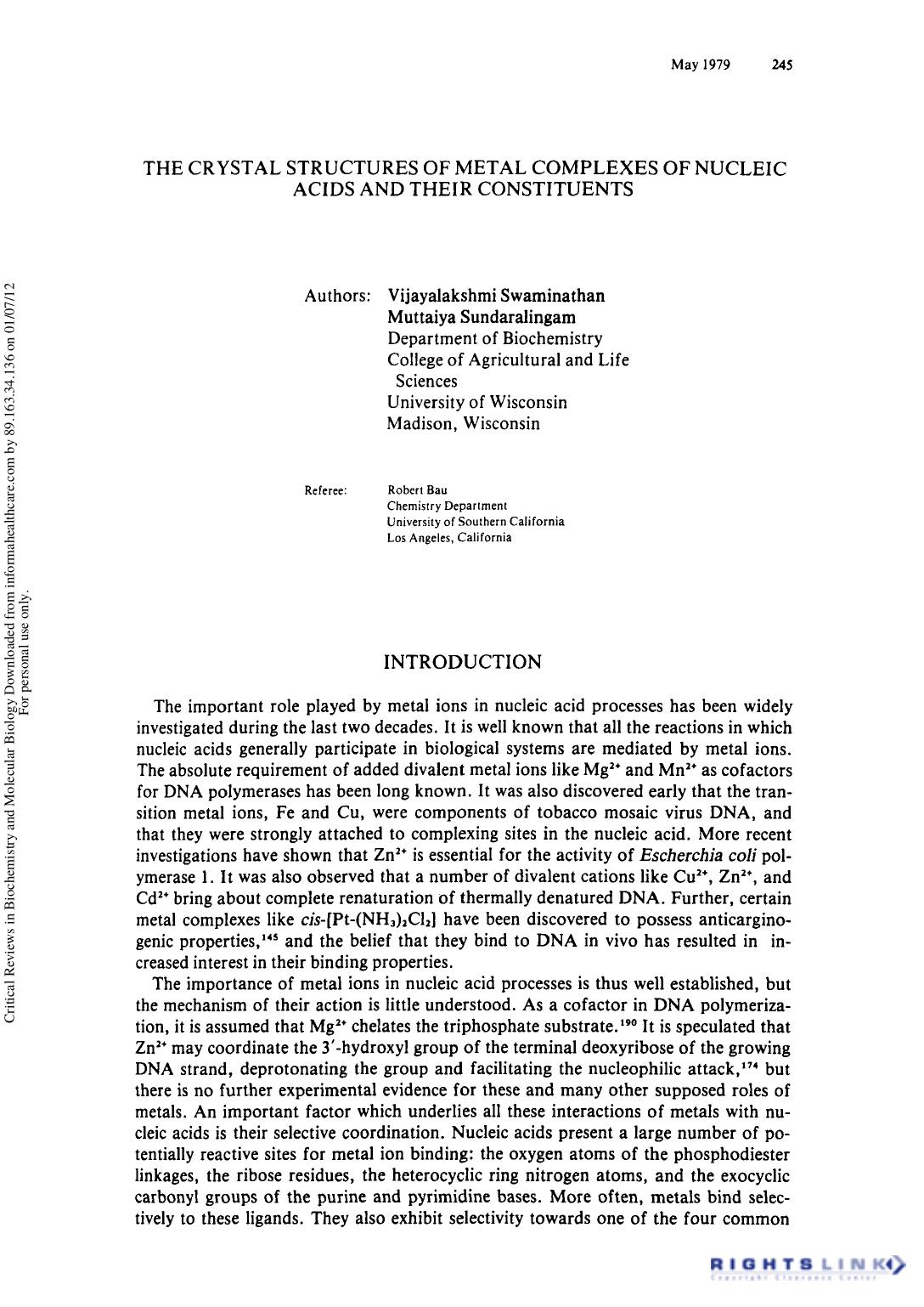 The Crystal Structures of Metal Complexes of Nucleic Acids and Their Constituent by Vijayalakshmi Swaminathan Muttaiya Sundaralingam & Robert Bau
