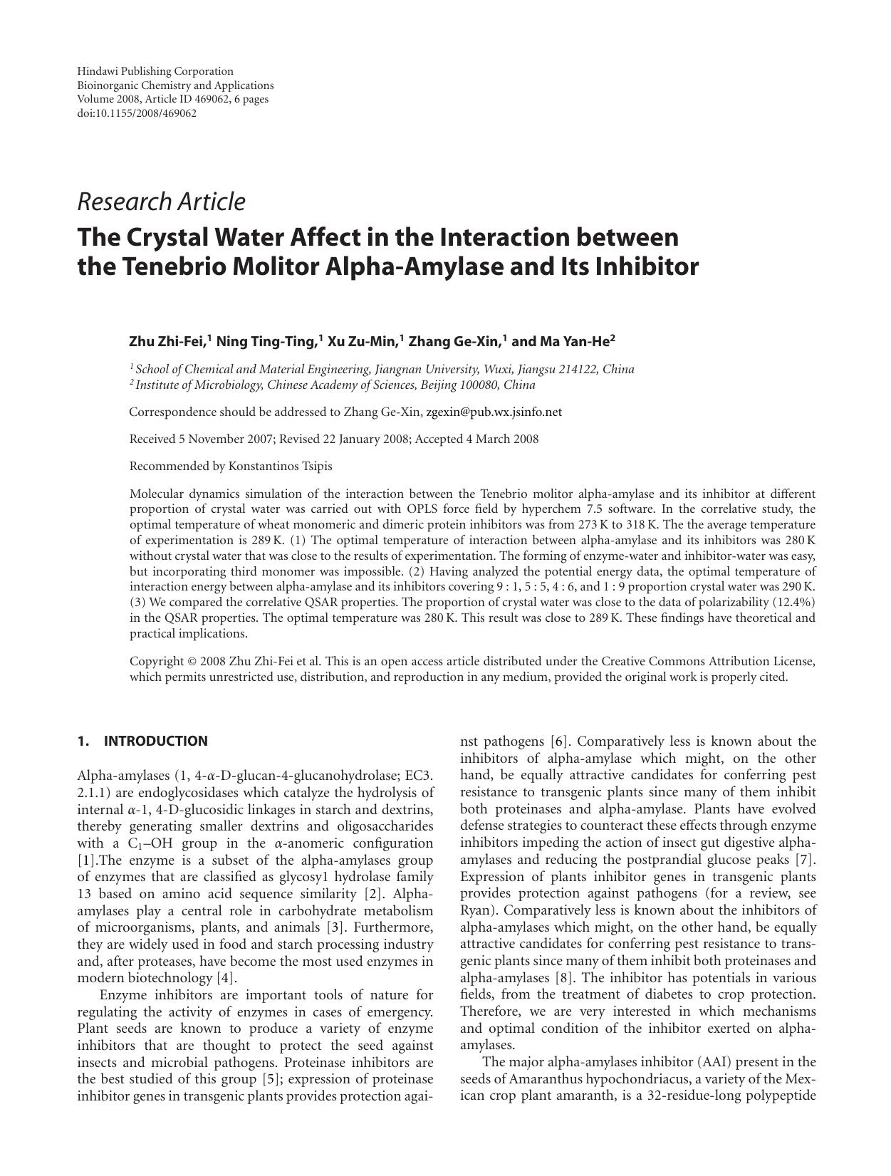 The Crystal Water Affect in the Interaction between the Tenebrio Molitor Alpha-Amylase and Its Inhibitor by Zhu Zhi-Fei et al