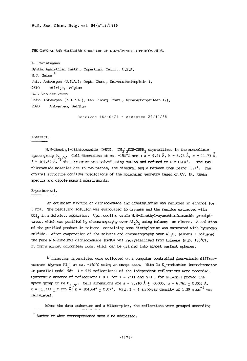 The Crystal and Molecular Structure of N,NDimethylDithiooxamide by Unknown