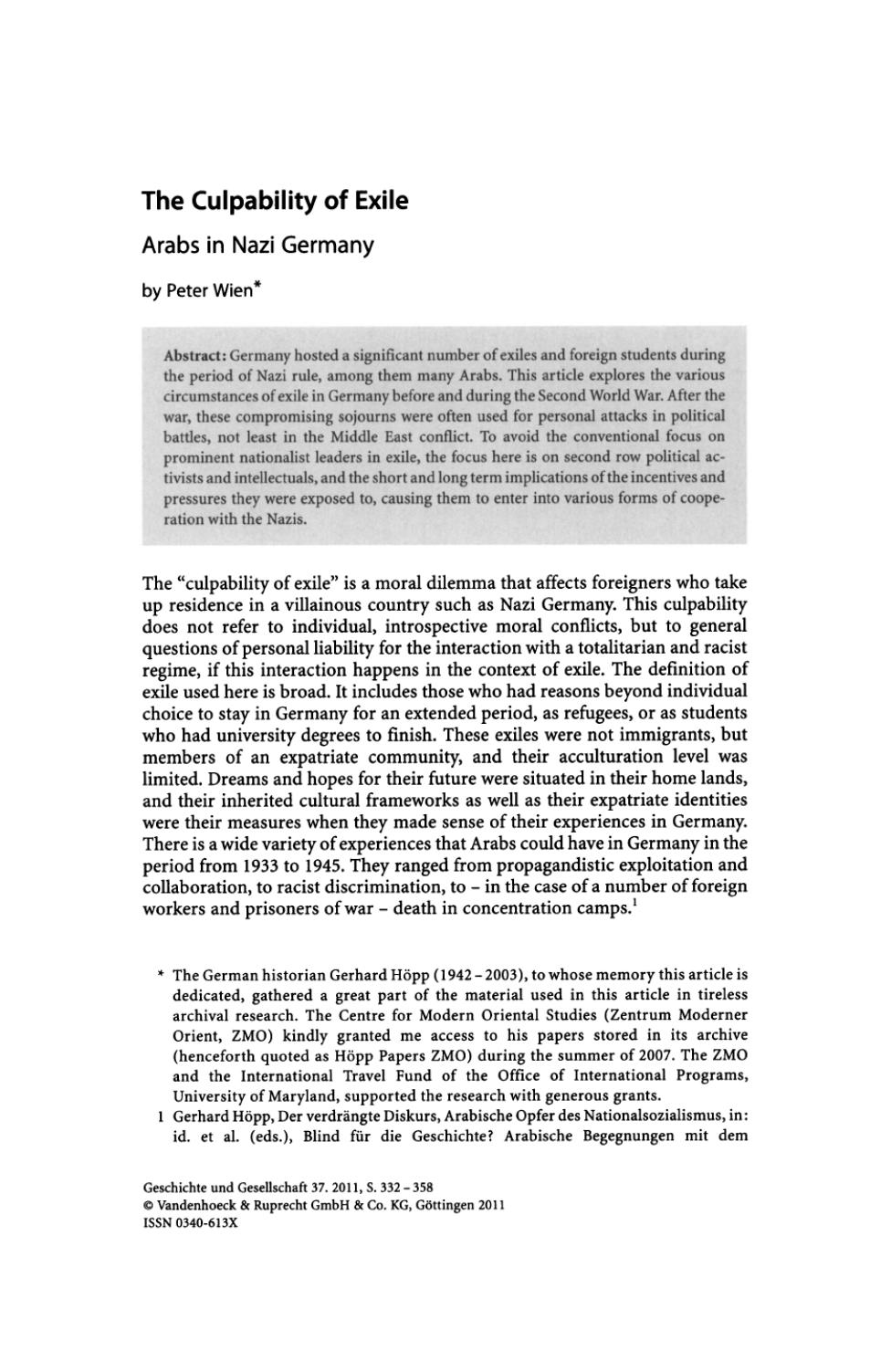 The Culpability of Exile; Arabs in Nazi Germany by Unknown