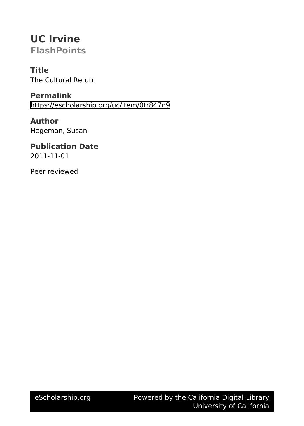 The Cultural Return by Susan Hegeman