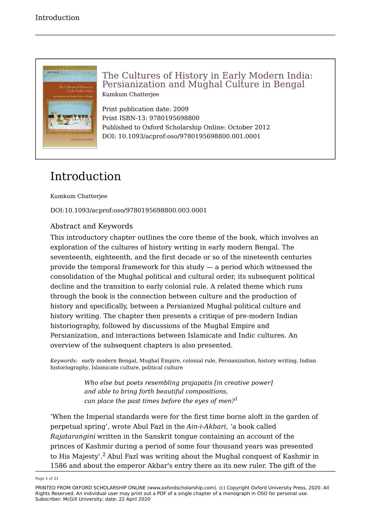 The Cultures of History in Early Modern India by Kumkum Chatterjee