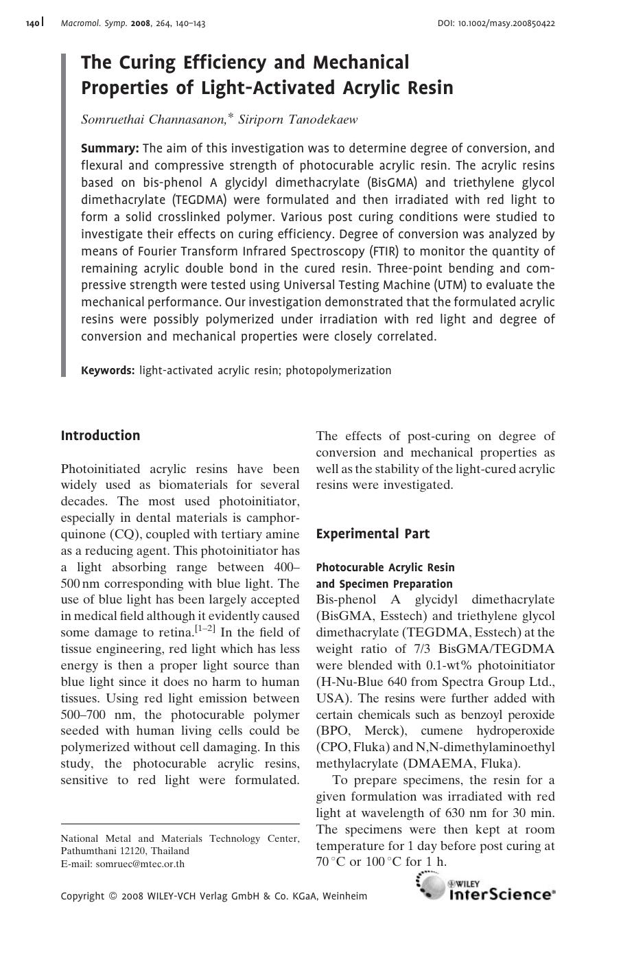 The Curing Efficiency and Mechanical Properties of Light-Activated Acrylic Resin by Unknown