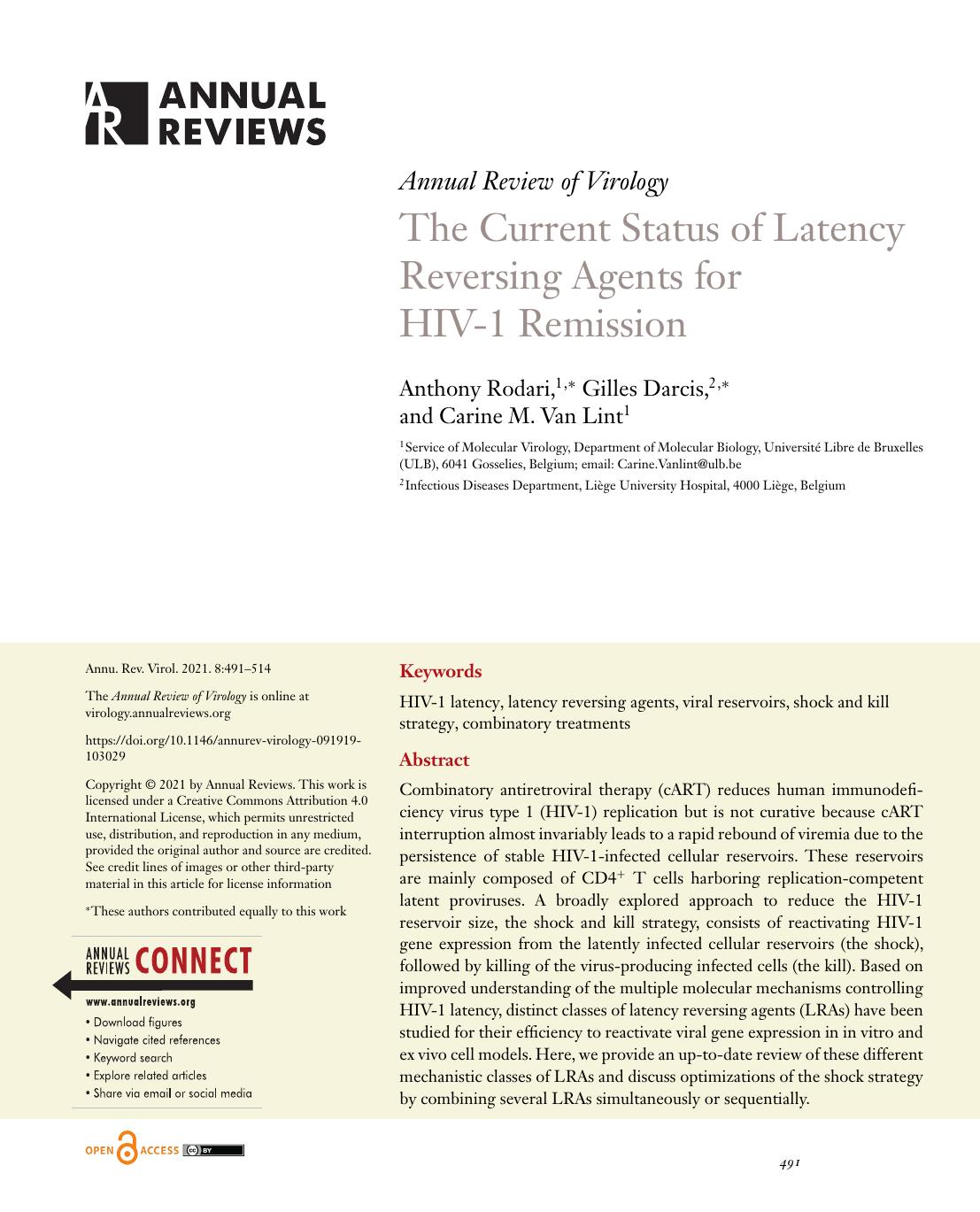 The Current Status of Latency Reversing Agents for HIV-1 Remission by Anthony Rodari Gilles Darcis Carine M. Van Lint