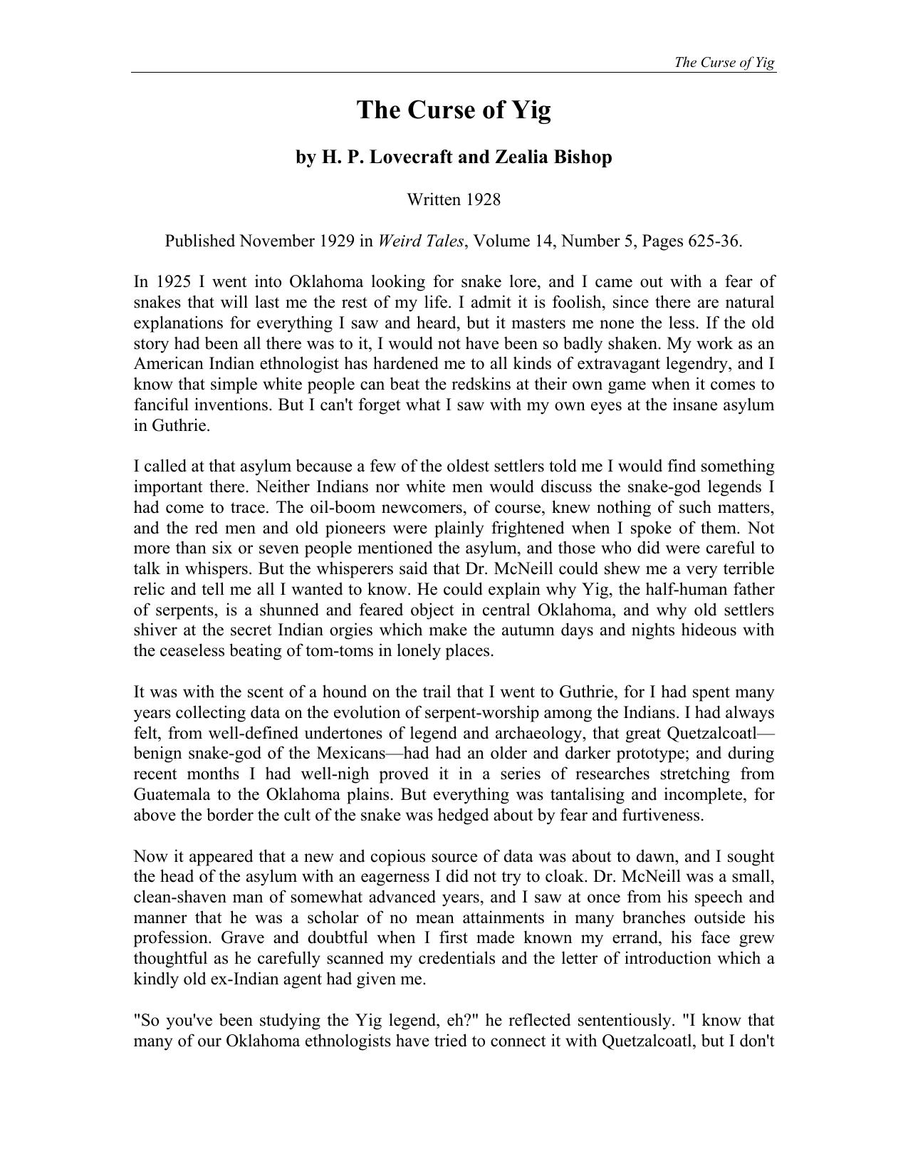 The Curse of Yig by H. P. Lovecraft & Zealia Bishop