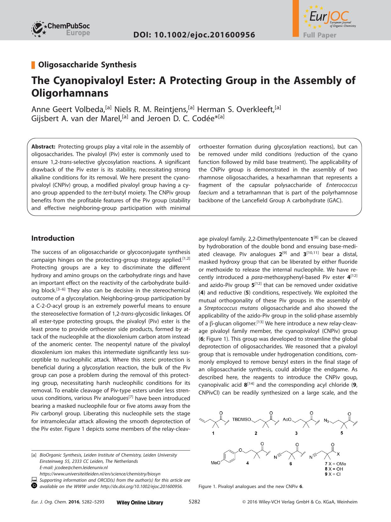 The Cyanopivaloyl Ester: A Protecting Group in the Assembly of Oligorhamnans by Unknown