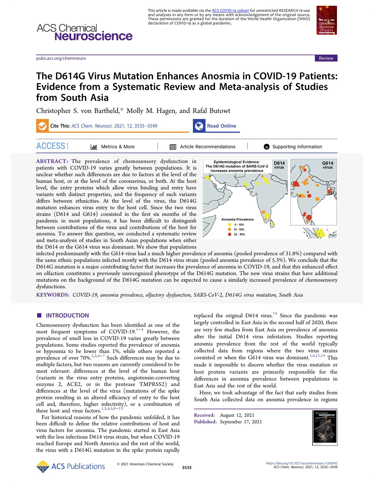 The D614G Virus Mutation Enhances Anosmia in COVID-19 Patients: Evidence from a Systematic Review and Meta-analysis of Studies from South Asia by Christopher S. von Bartheld Molly M. Hagen and Rafal Butowt
