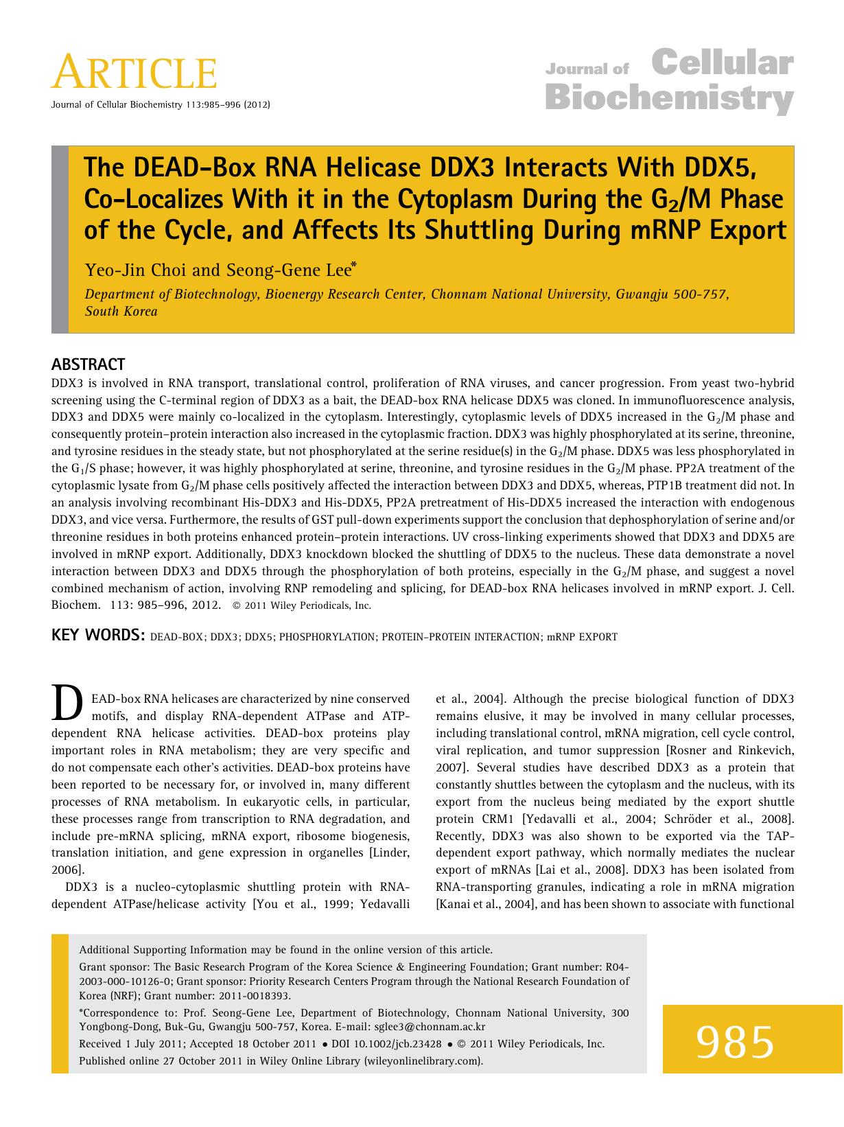 The DEADbox RNA helicase DDX3 interacts with DDX5, colocalizes with it in the cytoplasm during the G2M phase of the cycle, and affects its shuttling during mRNP export by Unknown