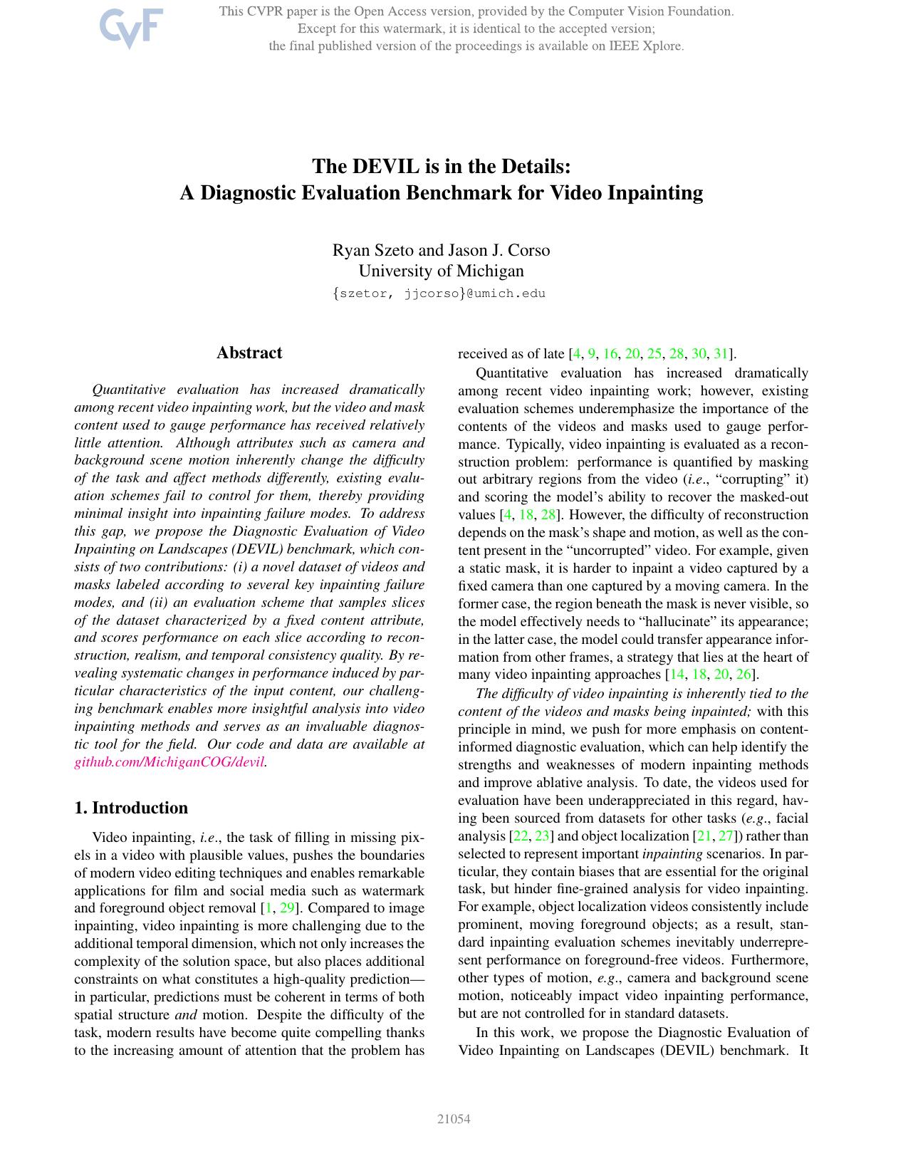 The DEVIL Is in the Details: A Diagnostic Evaluation Benchmark for Video Inpainting by Ryan Szeto & Jason J. Corso