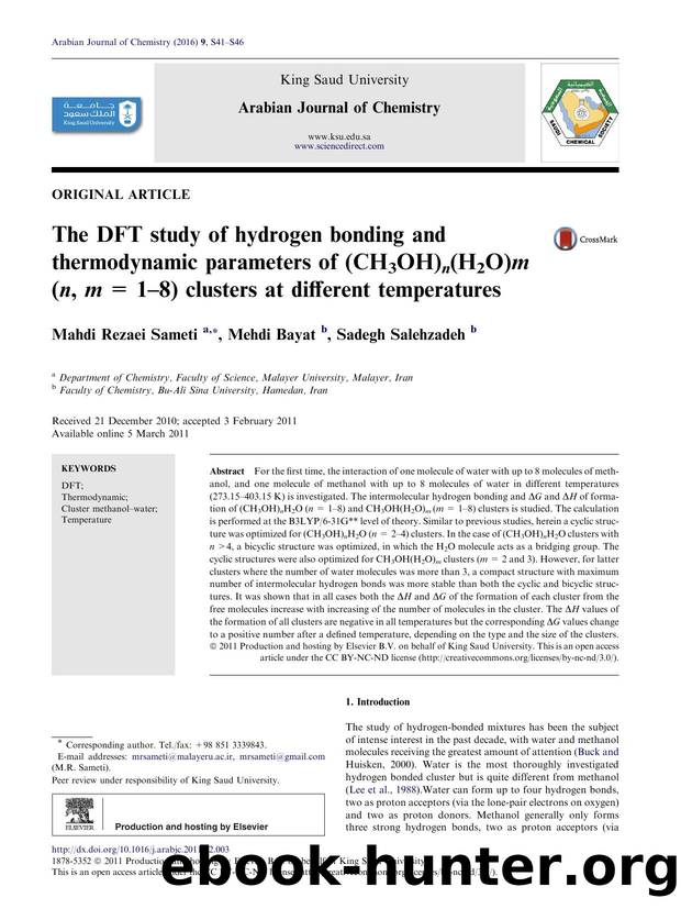 The DFT study of hydrogen bonding and thermodynamic parameters of (CH3OH)n(H2O)m (n, m=1Ã¢â¬â8) clusters at different temperatures by Mahdi Rezaei Sameti & Mehdi Bayat & Sadegh Salehzadeh