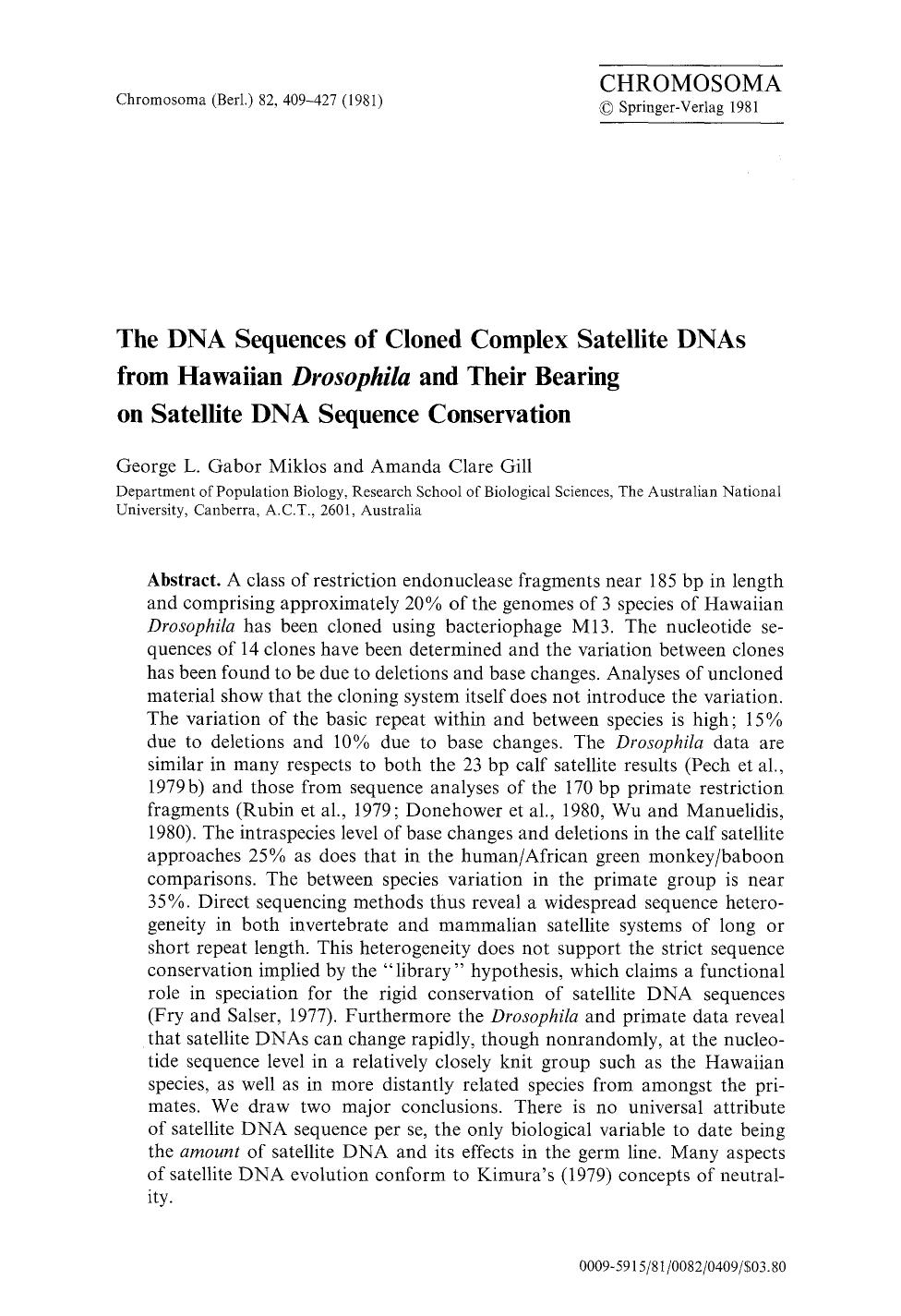 The DNA sequences of cloned complex satellite DNAs from Hawaiian <Emphasis Type="Italic">Drosophila<Emphasis> and their bearing on satellite DNA sequence conservation by Unknown
