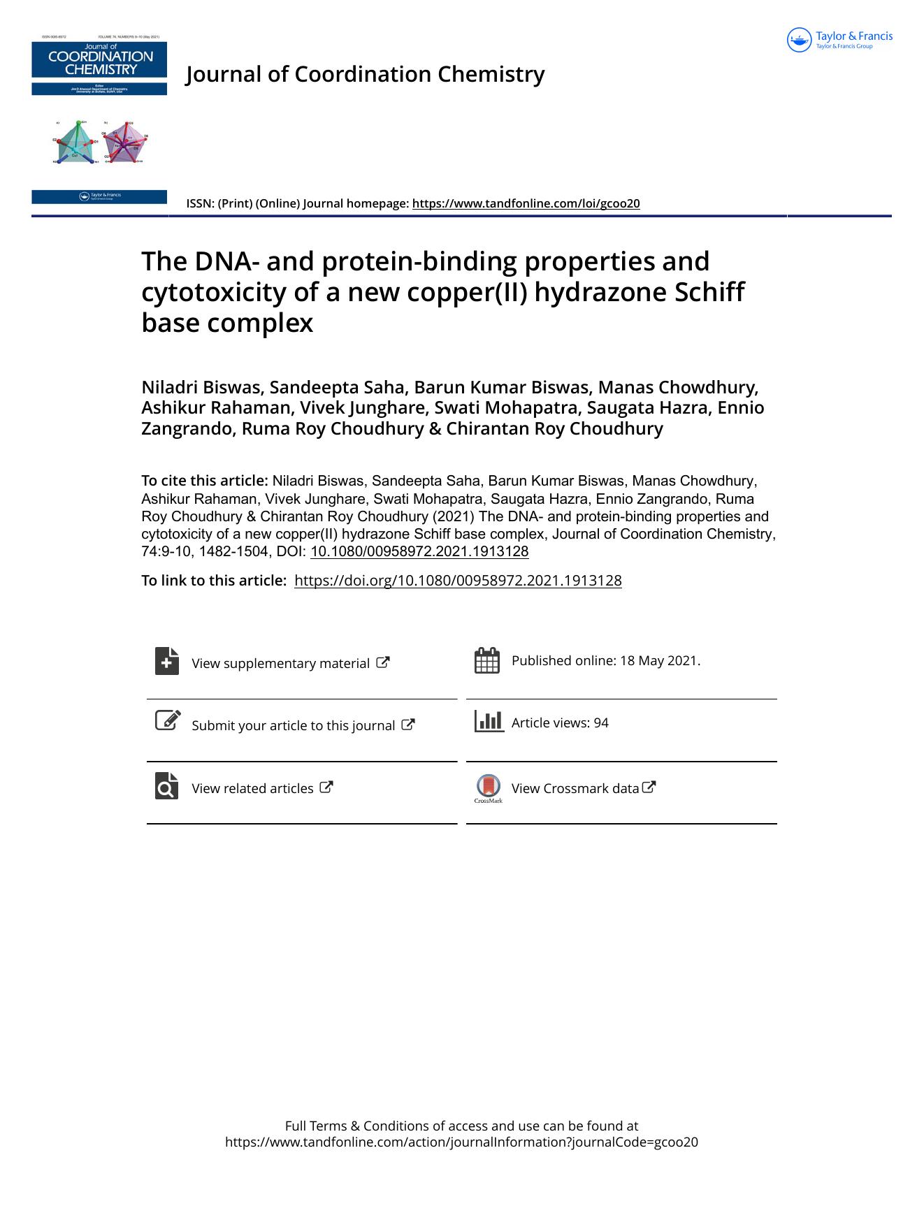 The DNA- and protein-binding properties and cytotoxicity of a new copper(II) hydrazone Schiff base complex by unknow