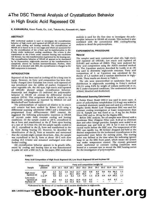 The DSC thermal analysis of crystallization behavior in high erucic acid rapeseed oil by Unknown