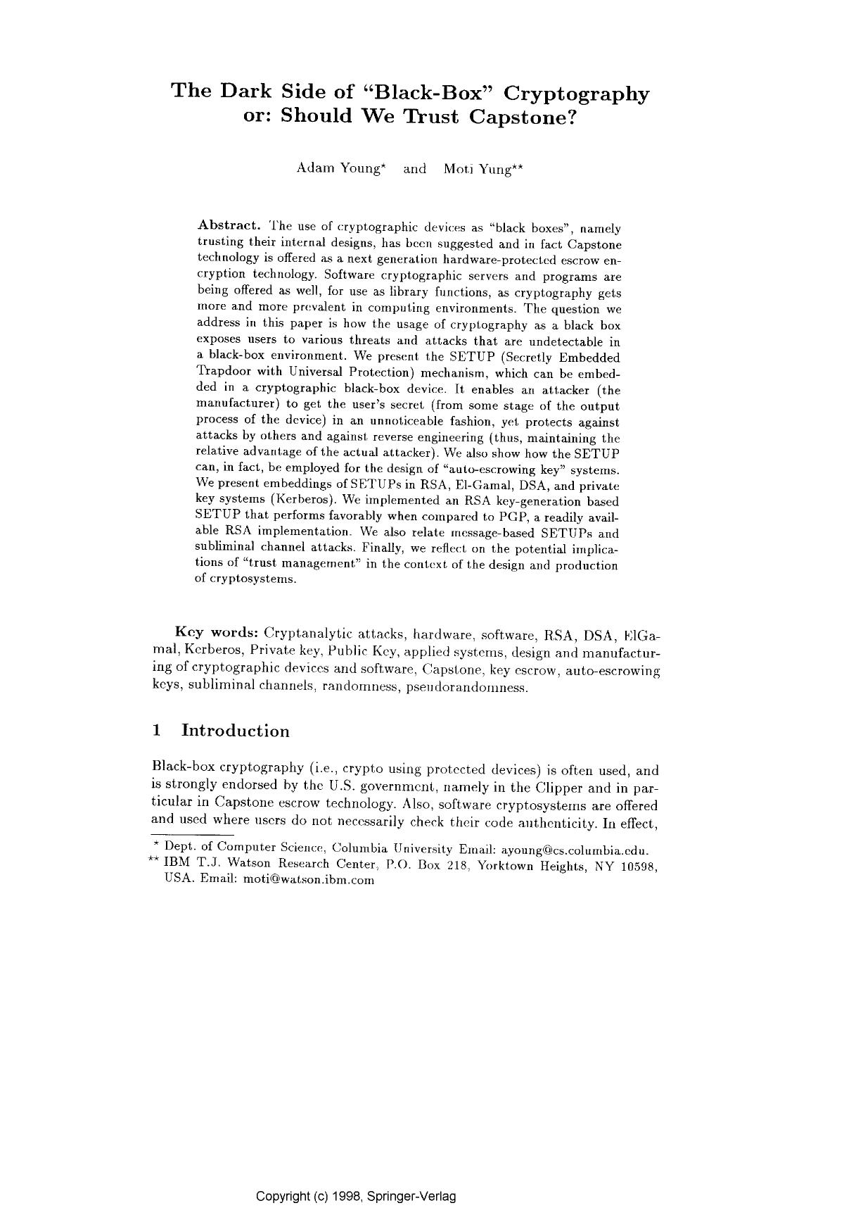 The Dark Side of Black-Box'' Cryptography, or by Young A. & Yung M