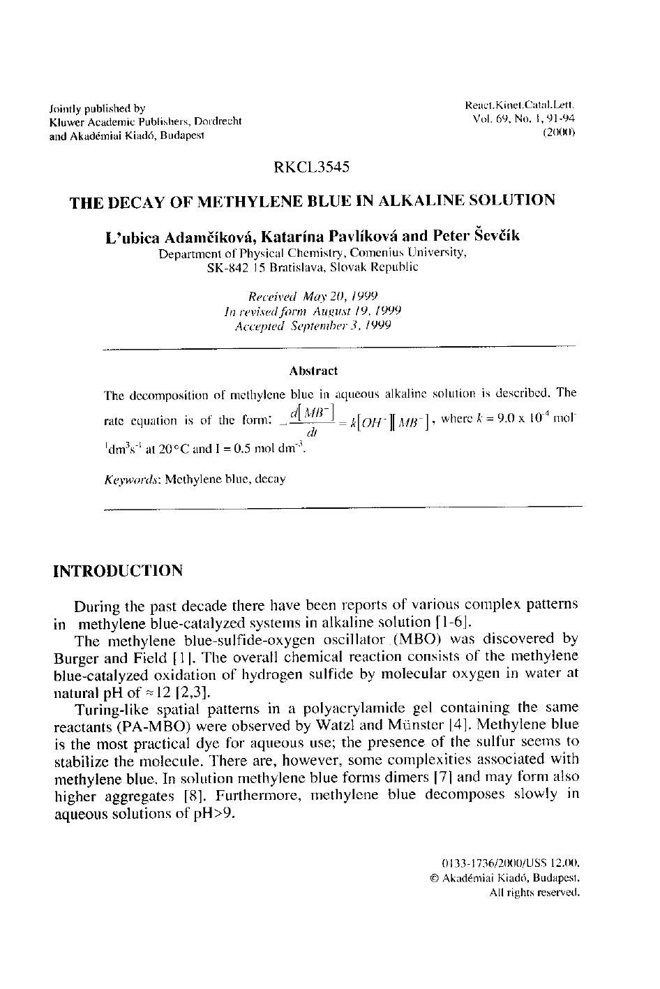 The Decay of Methylene Blue in Alkaline Solution by Unknown