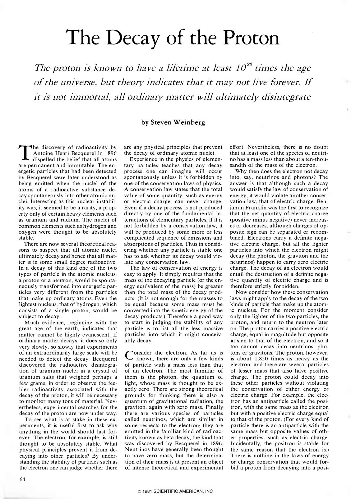 The Decay of the Proton by Steven Weinberg