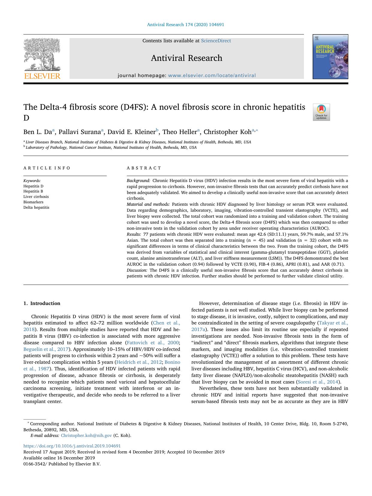 The Delta-4 fibrosis score (D4FS)_ A novel fibrosis score in chronic hepatitis D by Ben L. Da & Pallavi Surana & David E. Kleiner & Theo Heller & Christopher Koh