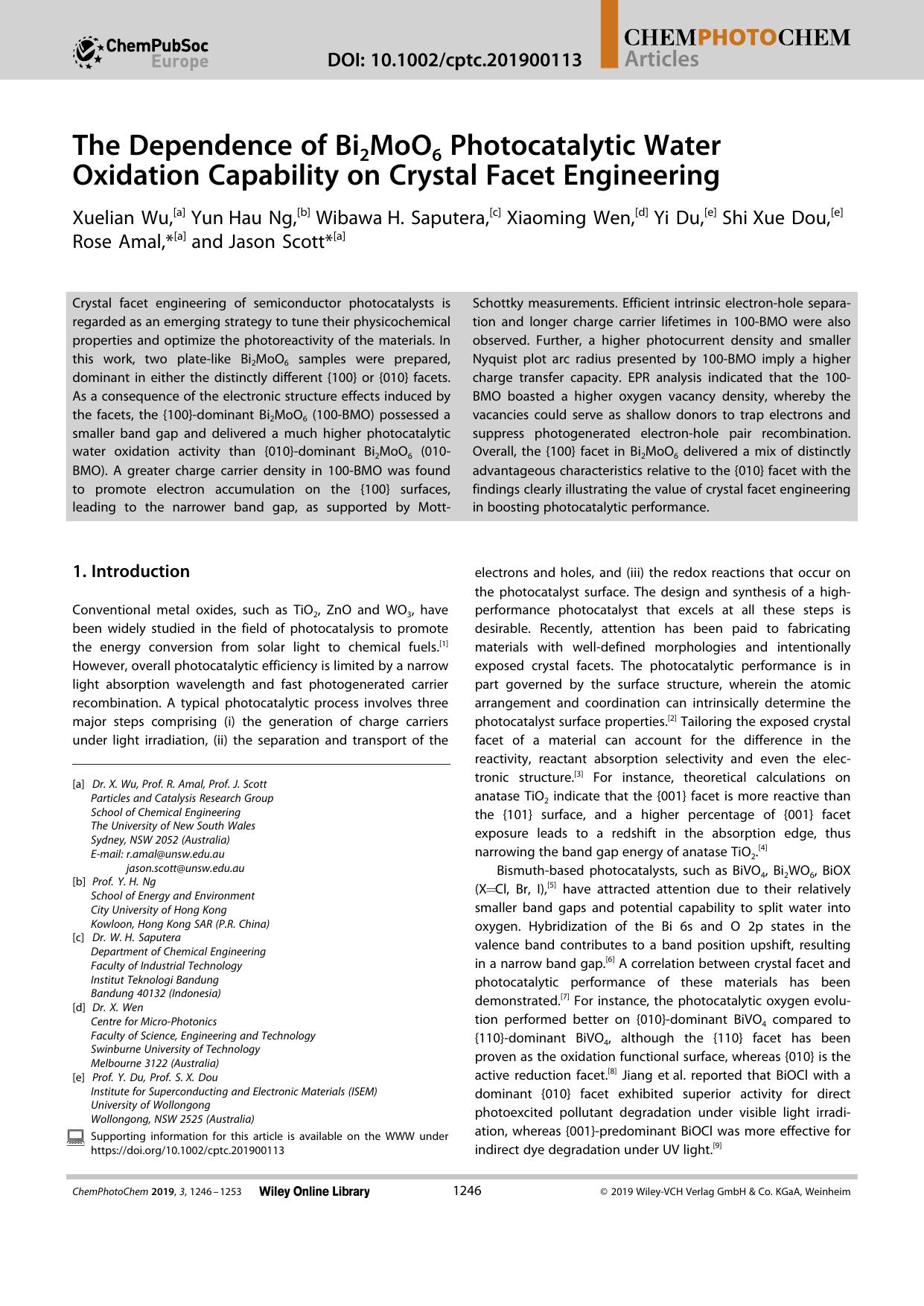The Dependence of Bi2MoO6 Photocatalytic Water Oxidation Capability on Crystal Facet Engineering by Unknown