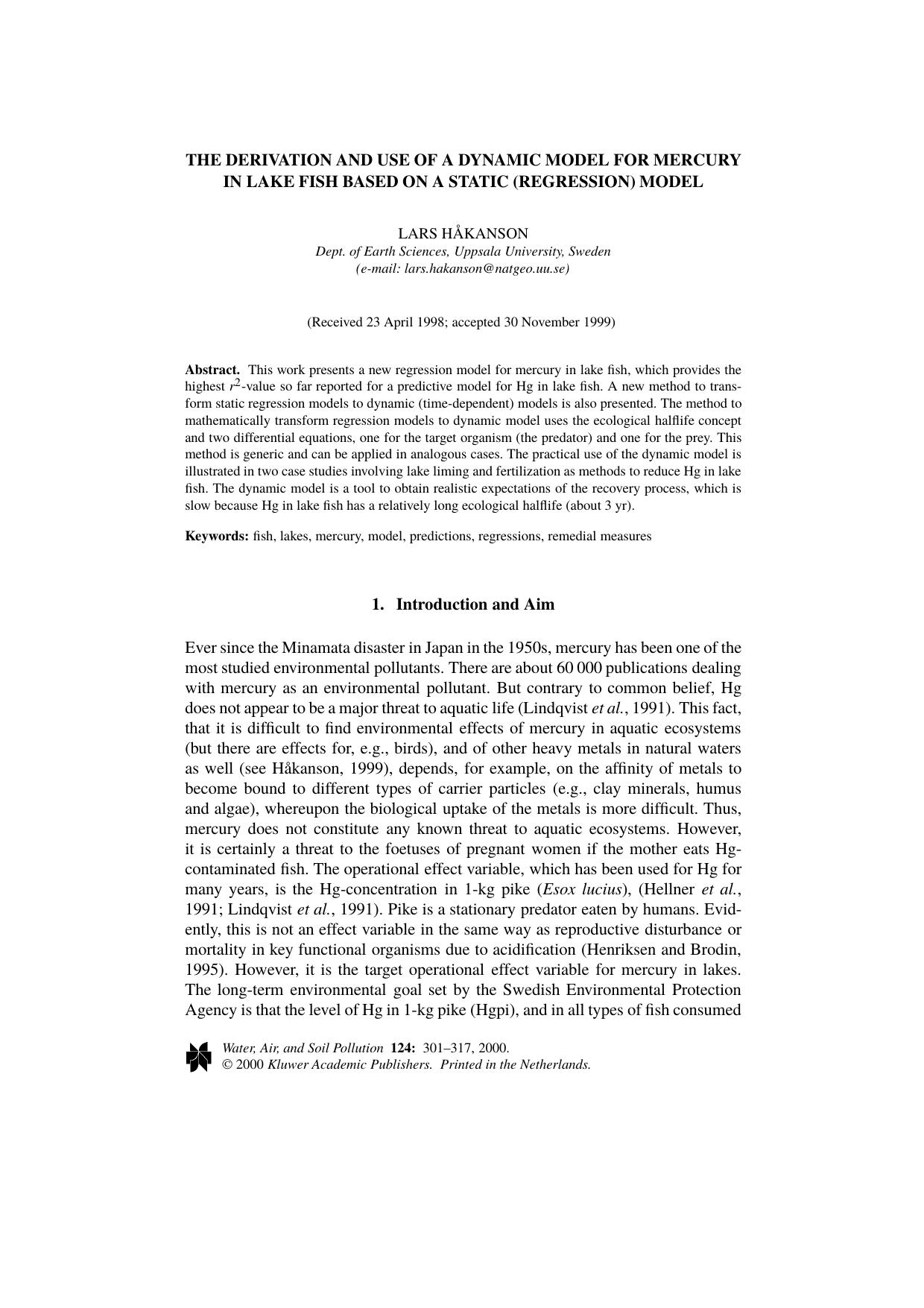 The Derivation and Use of a Dynamic Model for Mercury in Lake Fish Based on a Static (Regression) Model by Unknown