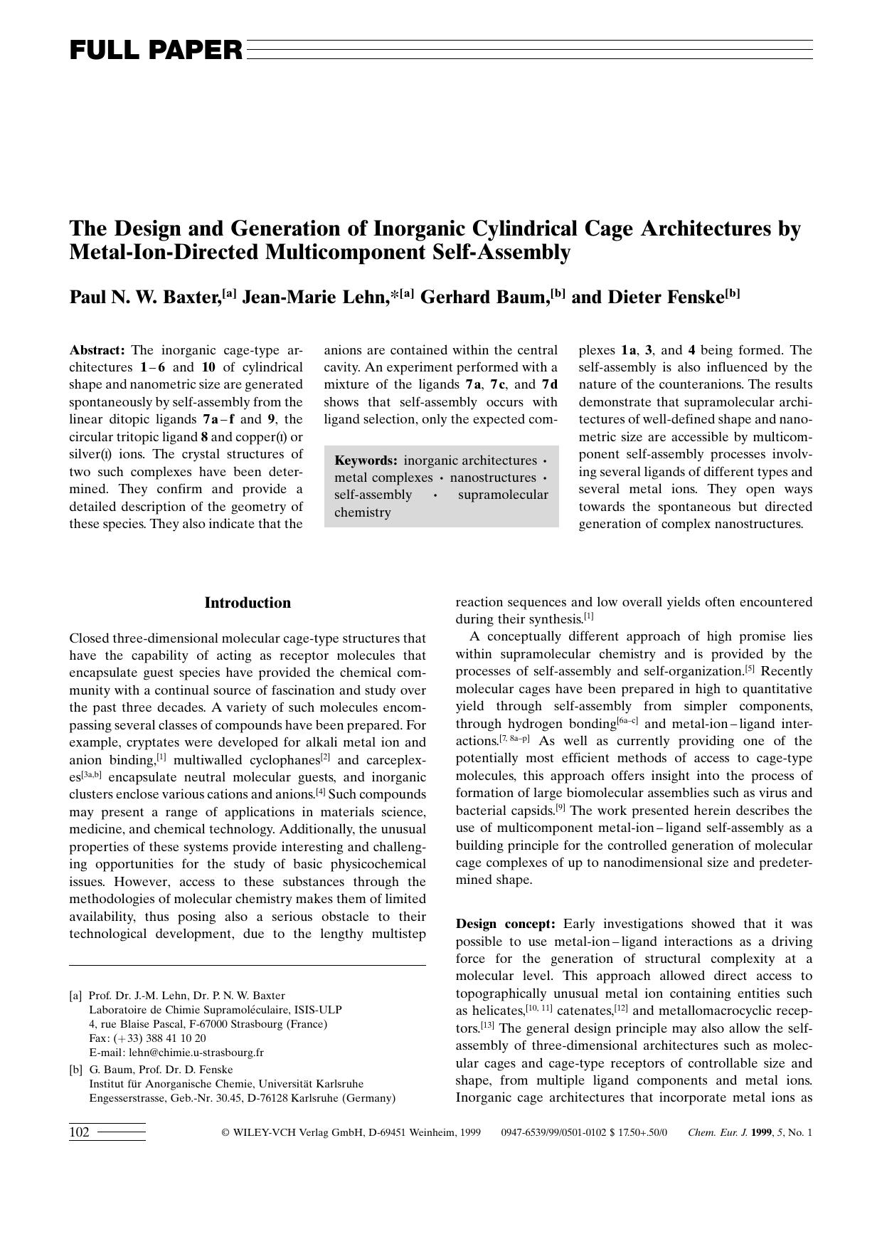 The Design and Generation of Inorganic Cylindrical Cage Architectures by Metal-Ion-Directed Multicomponent Self-Assembly by Unknown