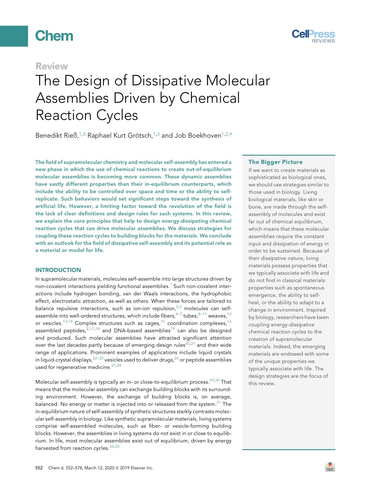 The Design of Dissipative Molecular Assemblies Driven by Chemical Reaction Cycles by Benedikt Rieß & Raphael Kurt Grötsch & Job Boekhoven