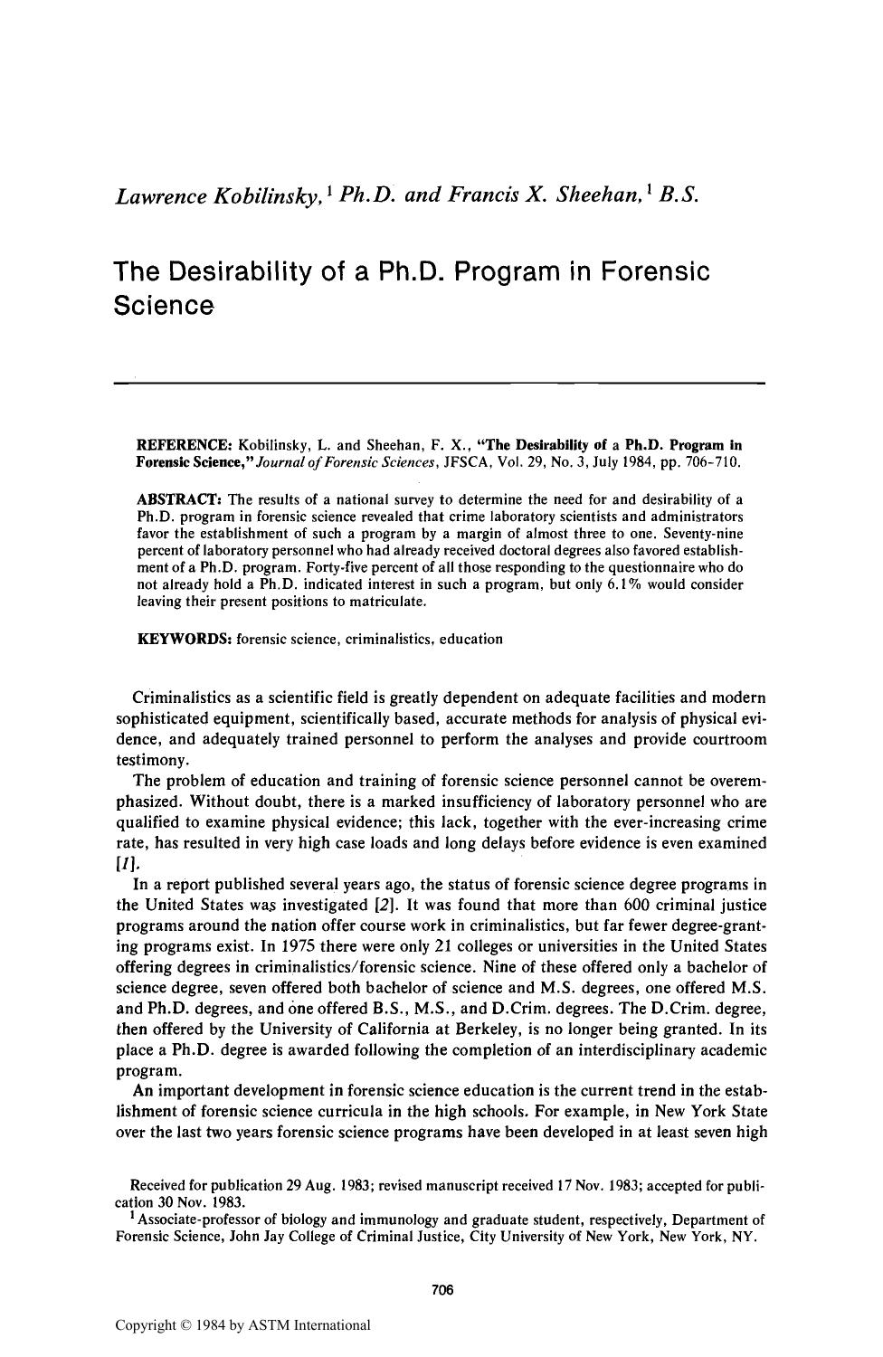 The Desirability of a Ph.D. Program in Forensic Science by Kobilinsky L Sheehan FX