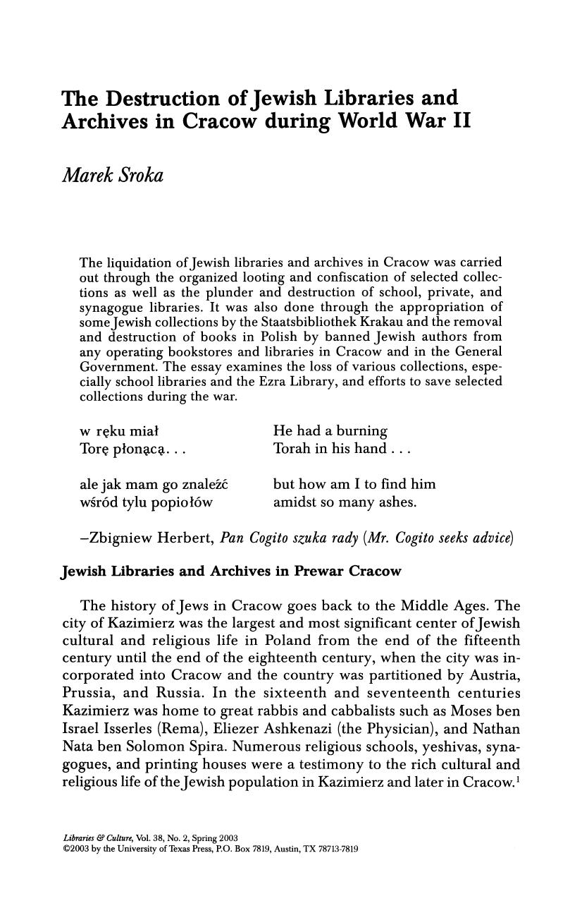 The Destruction of Jewish Libraries and Archives in Cracow during World War II by Unknown
