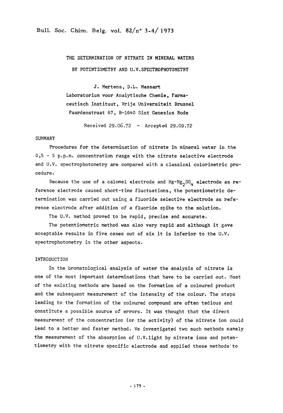 The Determination of Nitrate in Mineral Waters by Potentiometry and U.V. Spectrophotometry by Unknown