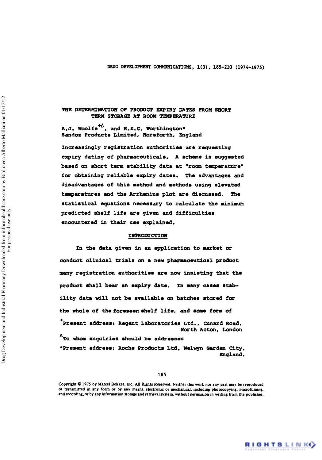 The Determination of Product Expiry Dates from Short Term Storage at Room Temperature by A. J. Woolfe & H. E. C. Worthington