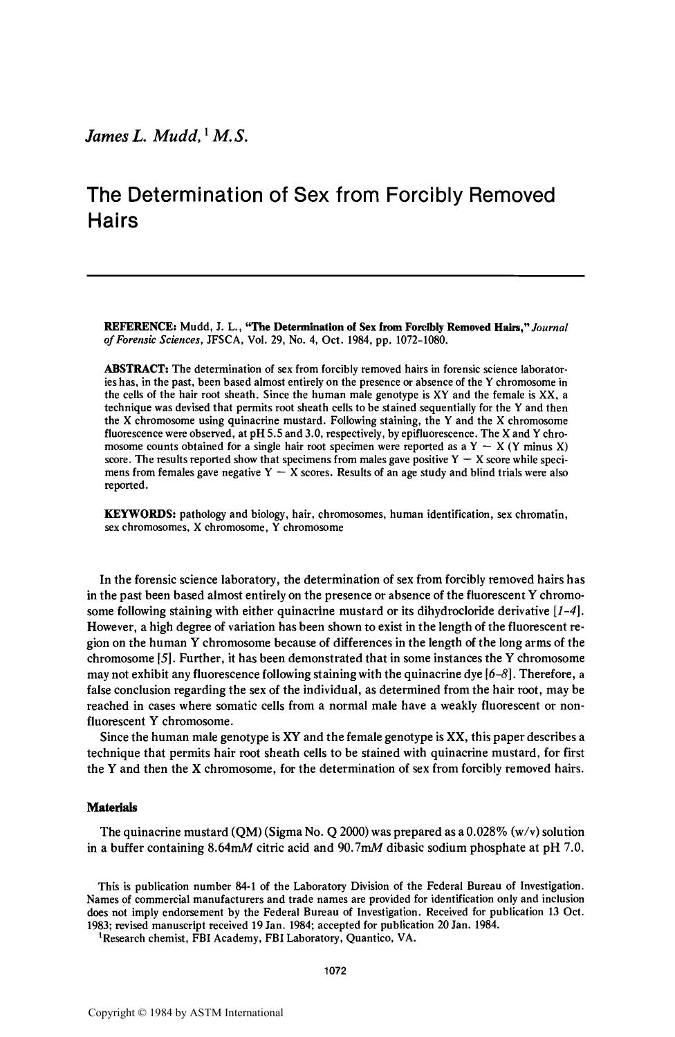 The Determination of Sex from Forcibly Removed Hairs by Mudd JL