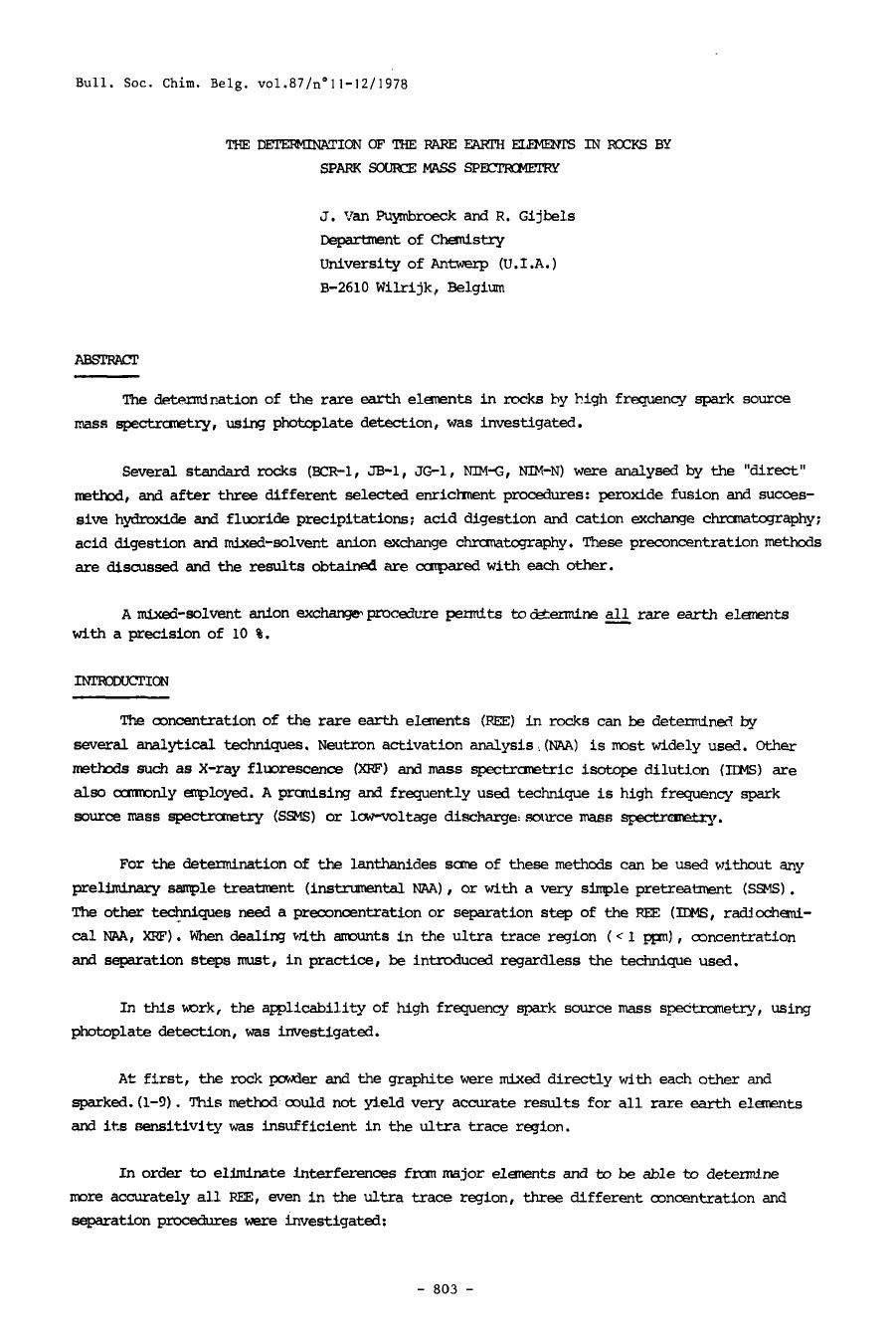 The Determination of the Rare Earth Elements in Rocks by Spark Source Mass Spectrometry by Unknown