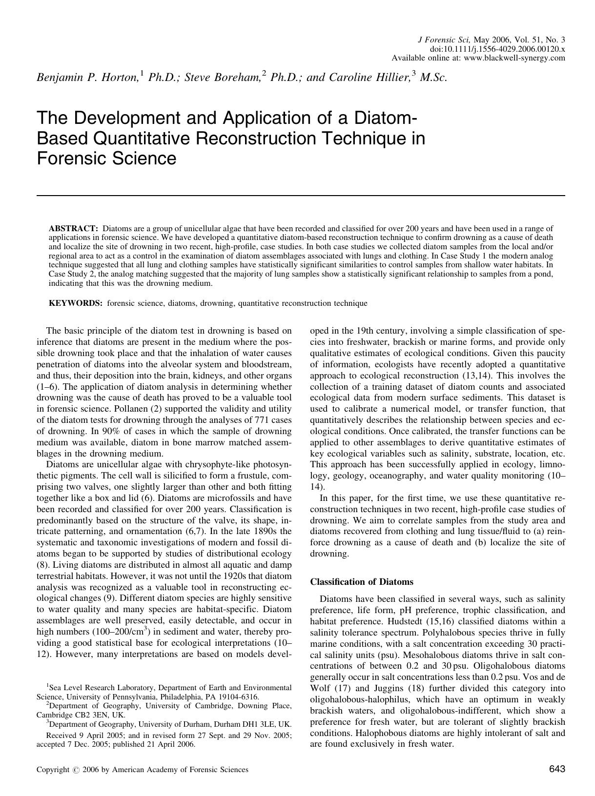 The Development and Application of a Diatom-Based Quantitative Reconstruction Technique in Forensic Science by Unknown
