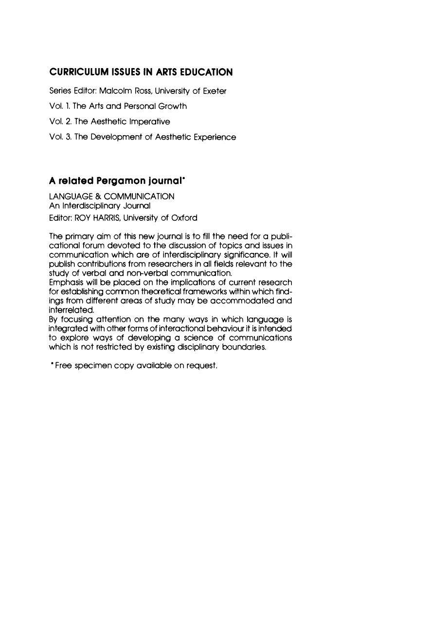 The Development of Aesthetic Experience. Curriculum Issues in Arts Education by Malcolm Ross