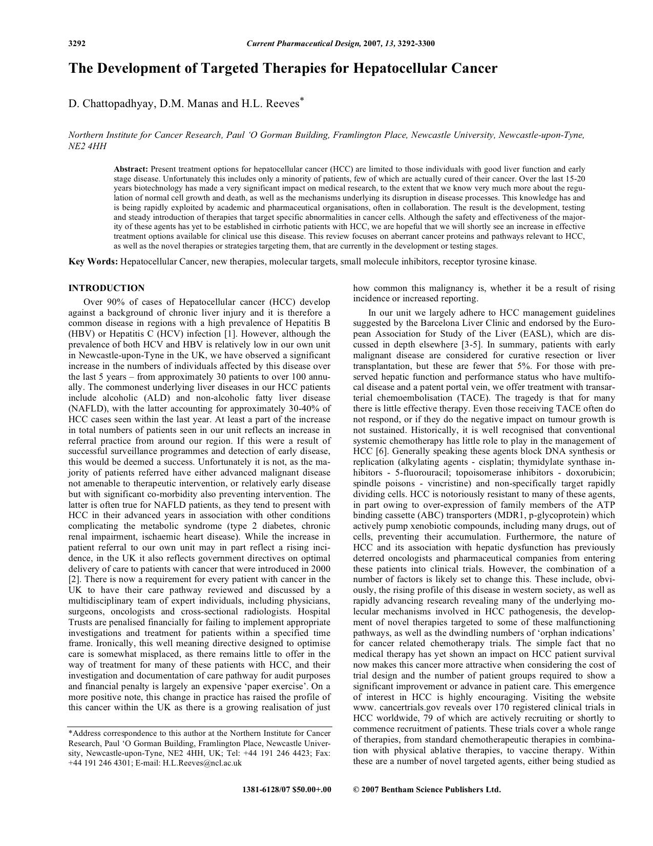 The Development of Targeted Therapies for Hepatocellular Cancer by D. Chattopadhyay ; D. M. Manas ; H. L. Reeves